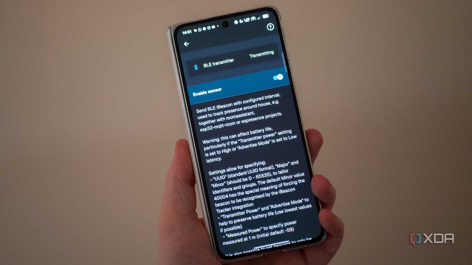 BLE transmitter settings in the Home Assistant app on Android