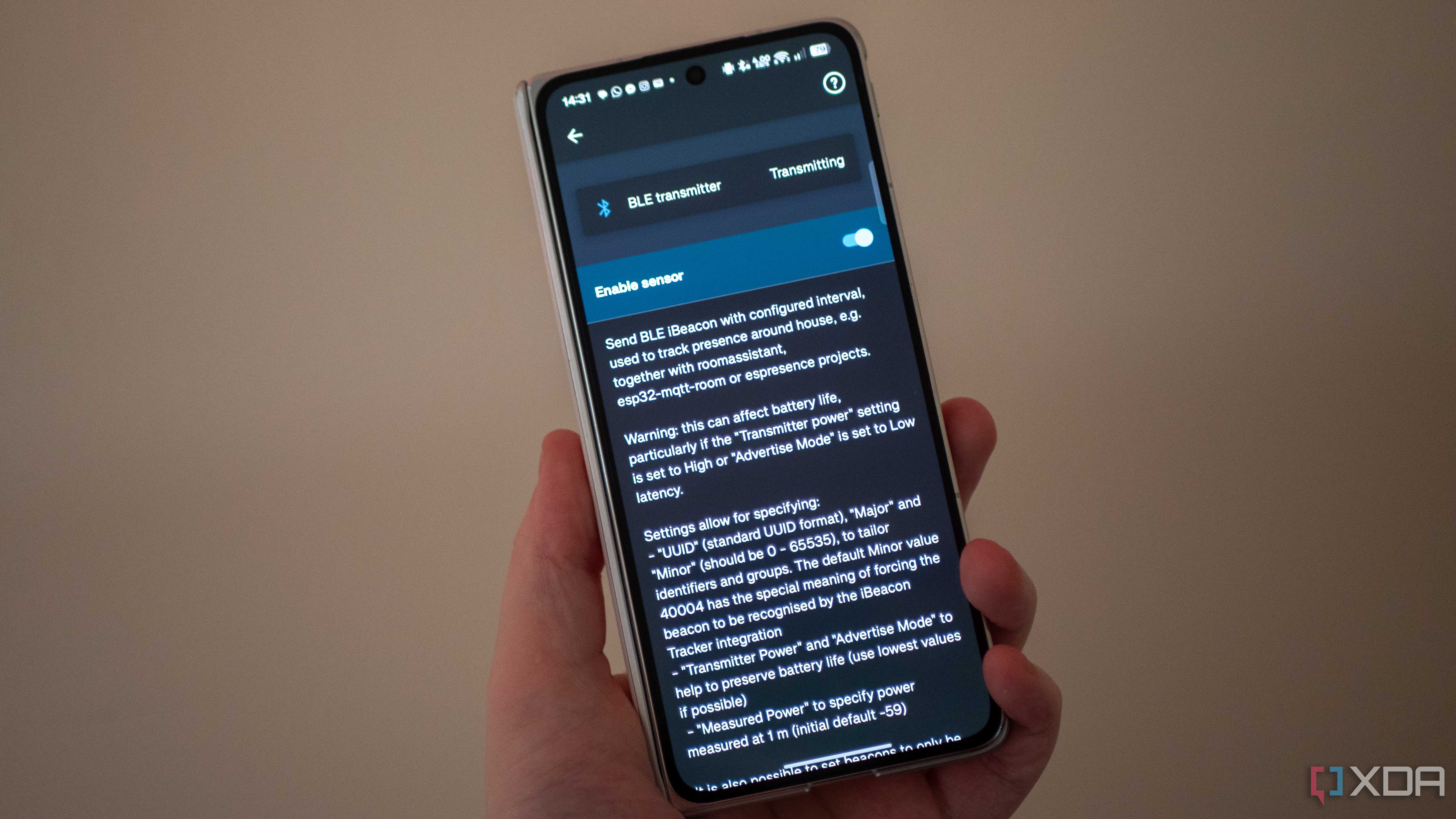 BLE transmitter settings in the Home Assistant app on Android