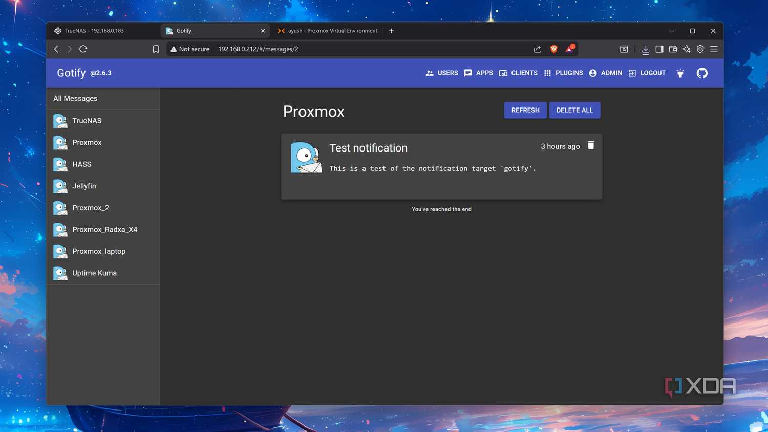 Sending a Gotify alert to Proxmox