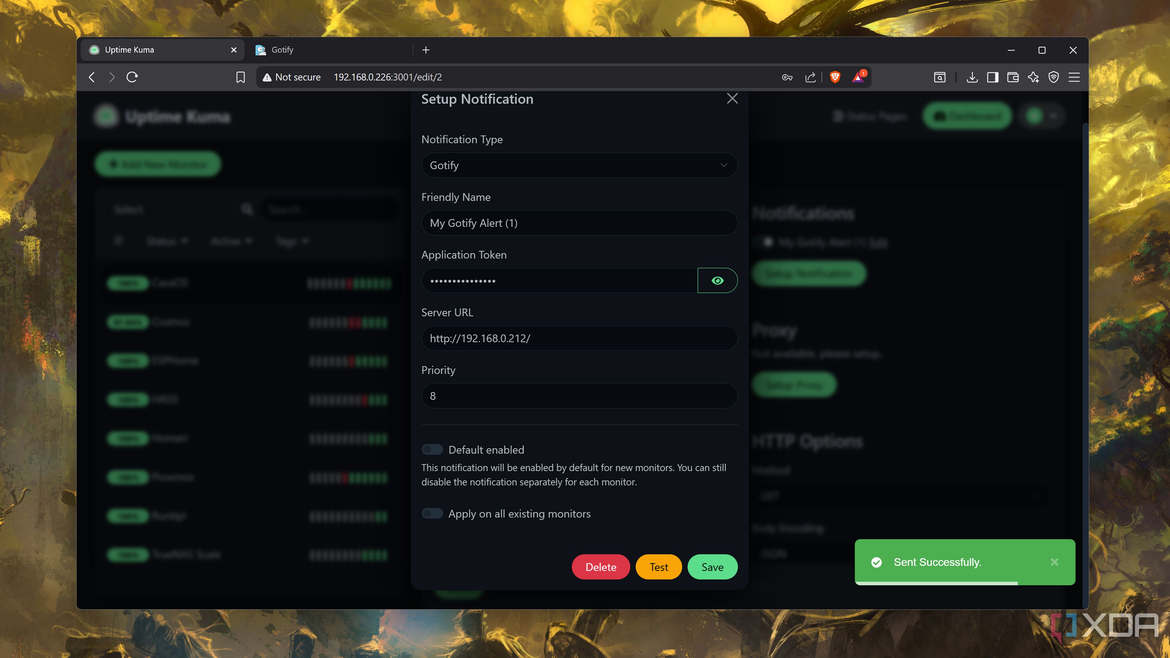 screenshot of Connecting Gotify to Uptime Kuma
