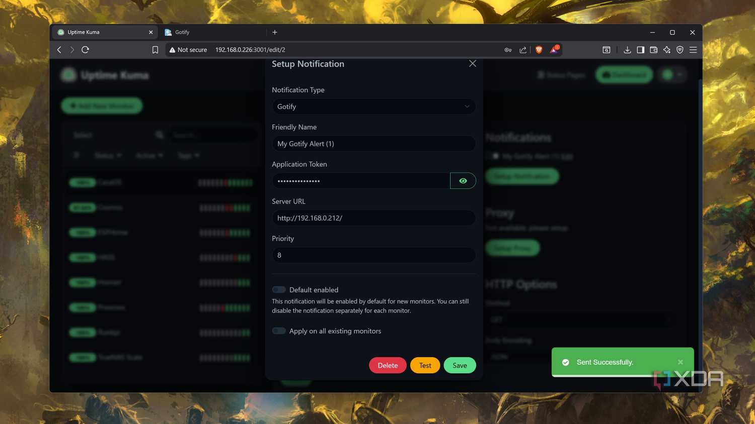screenshot of Connecting Gotify to Uptime Kuma