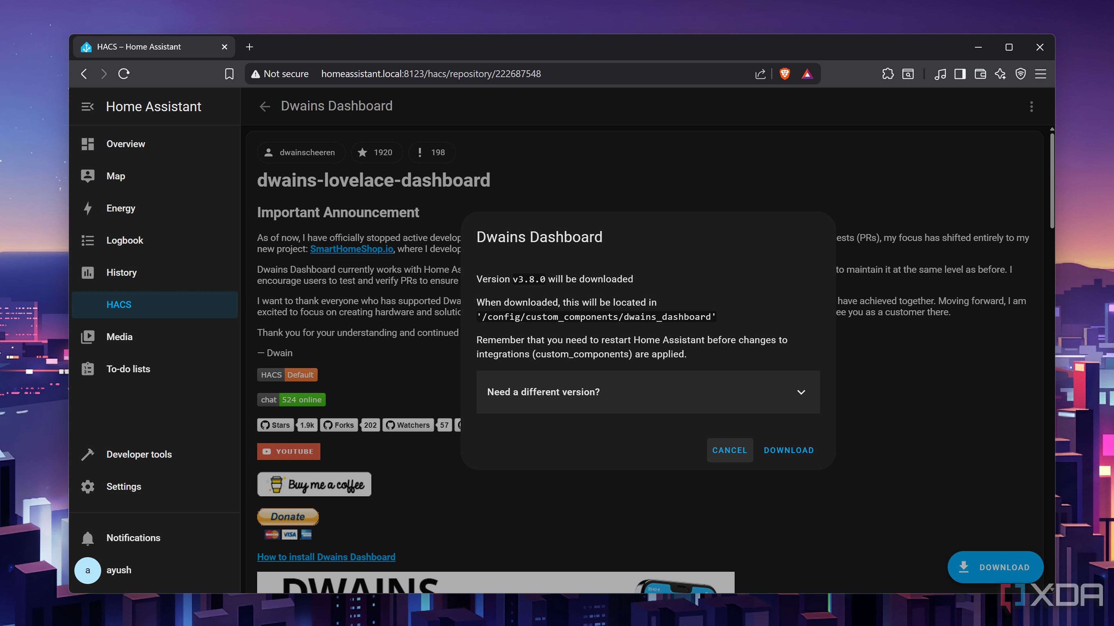 Downloading Dwain's Dashboard in HACS