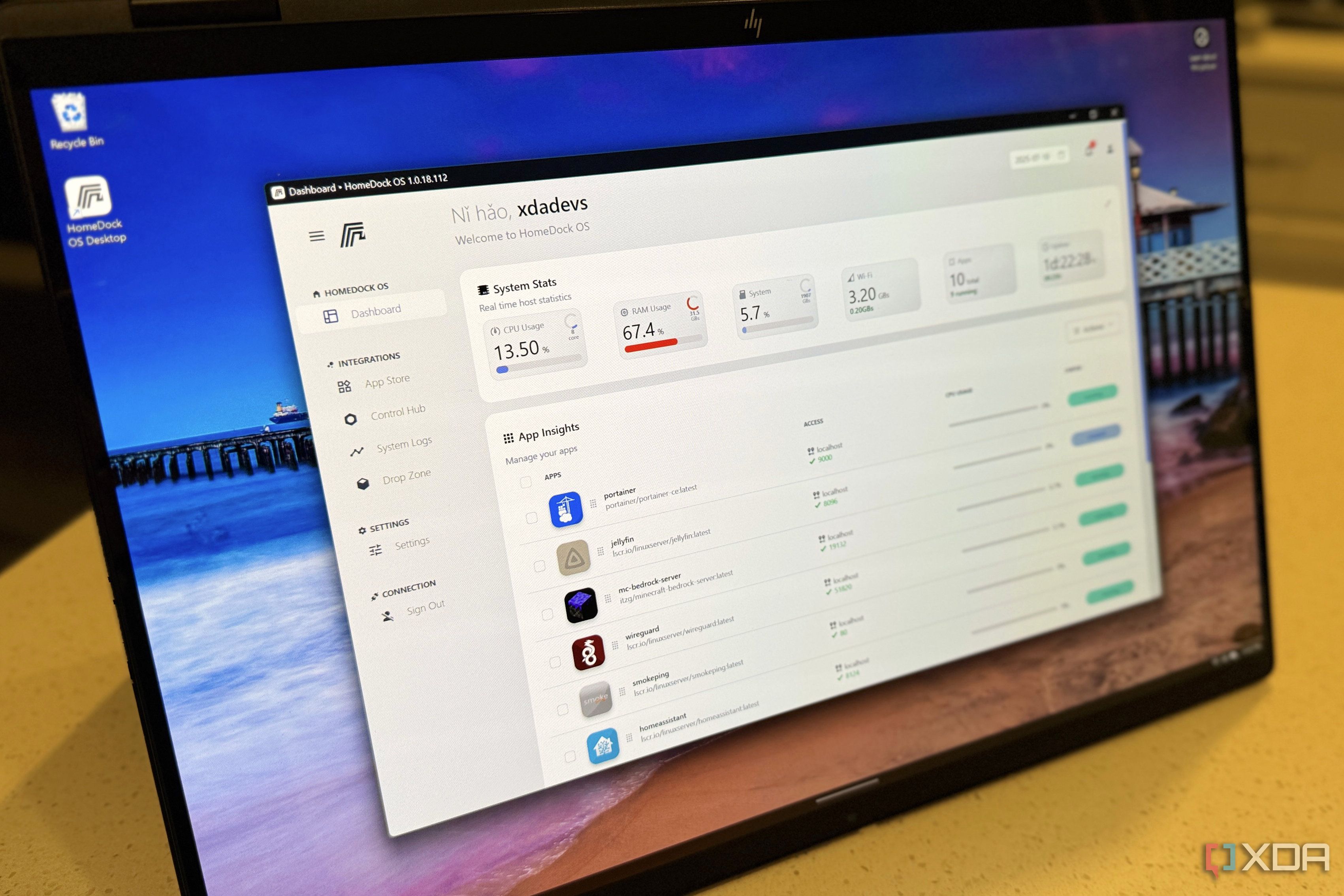 homedockos running on a laptop screen