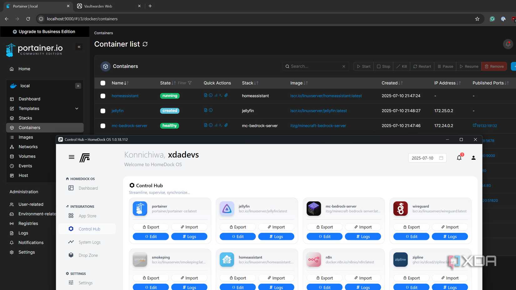 screenshot of homedockos running portainer and a chrome browser tab