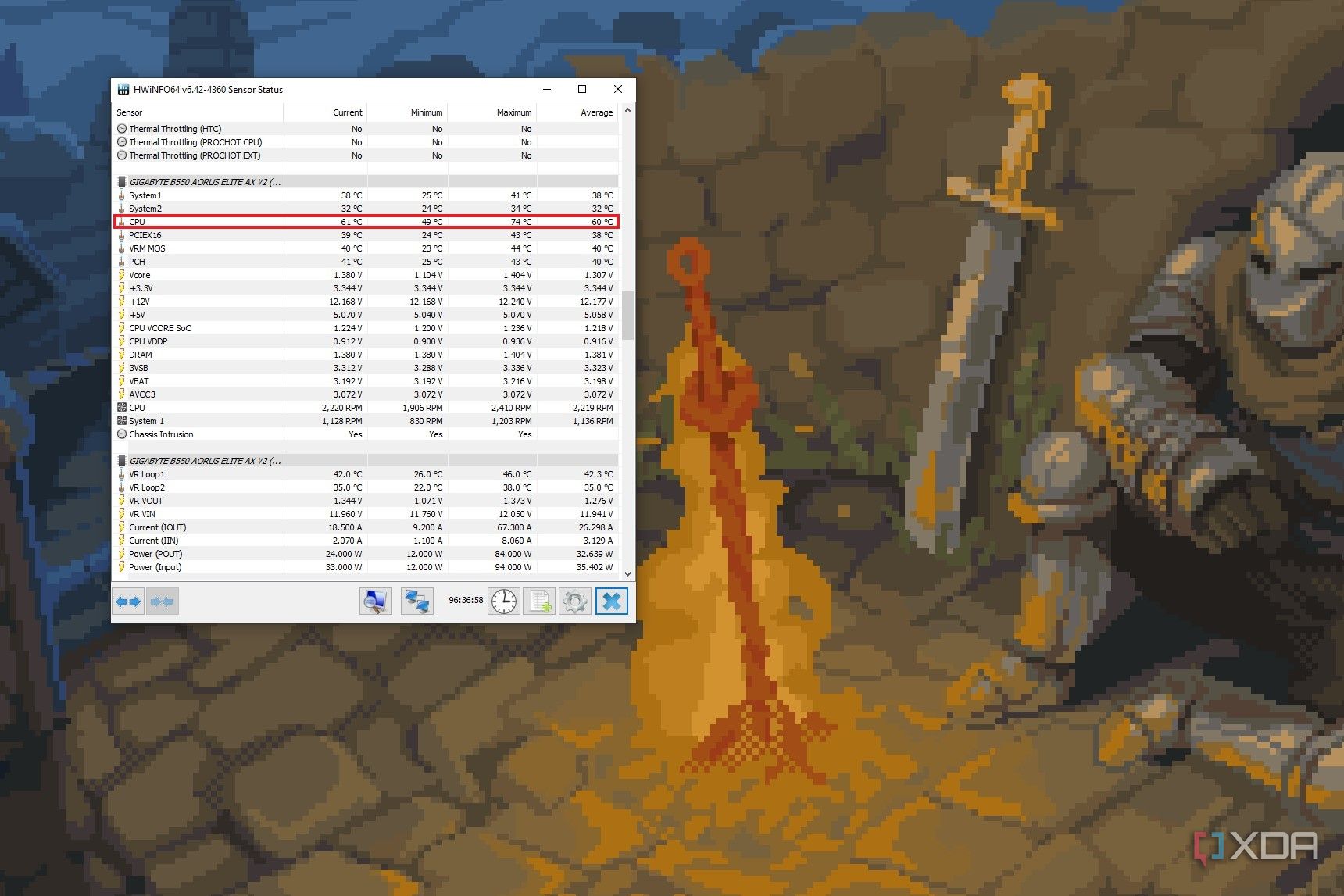 Screenshot showing HWiNFO window with the CPU temperature row highlighted
