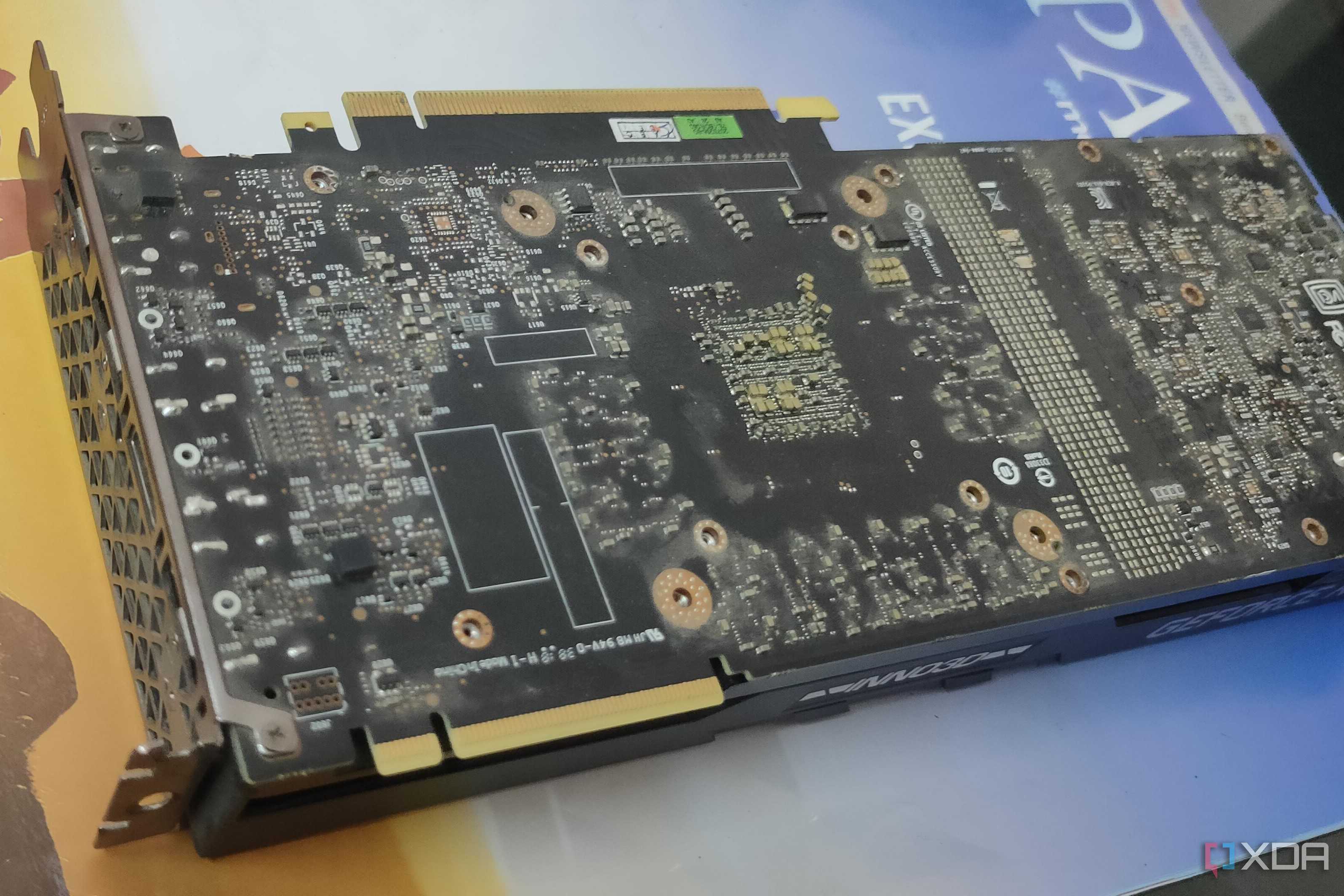 Close-up of a graphics card PCB during disaasembly