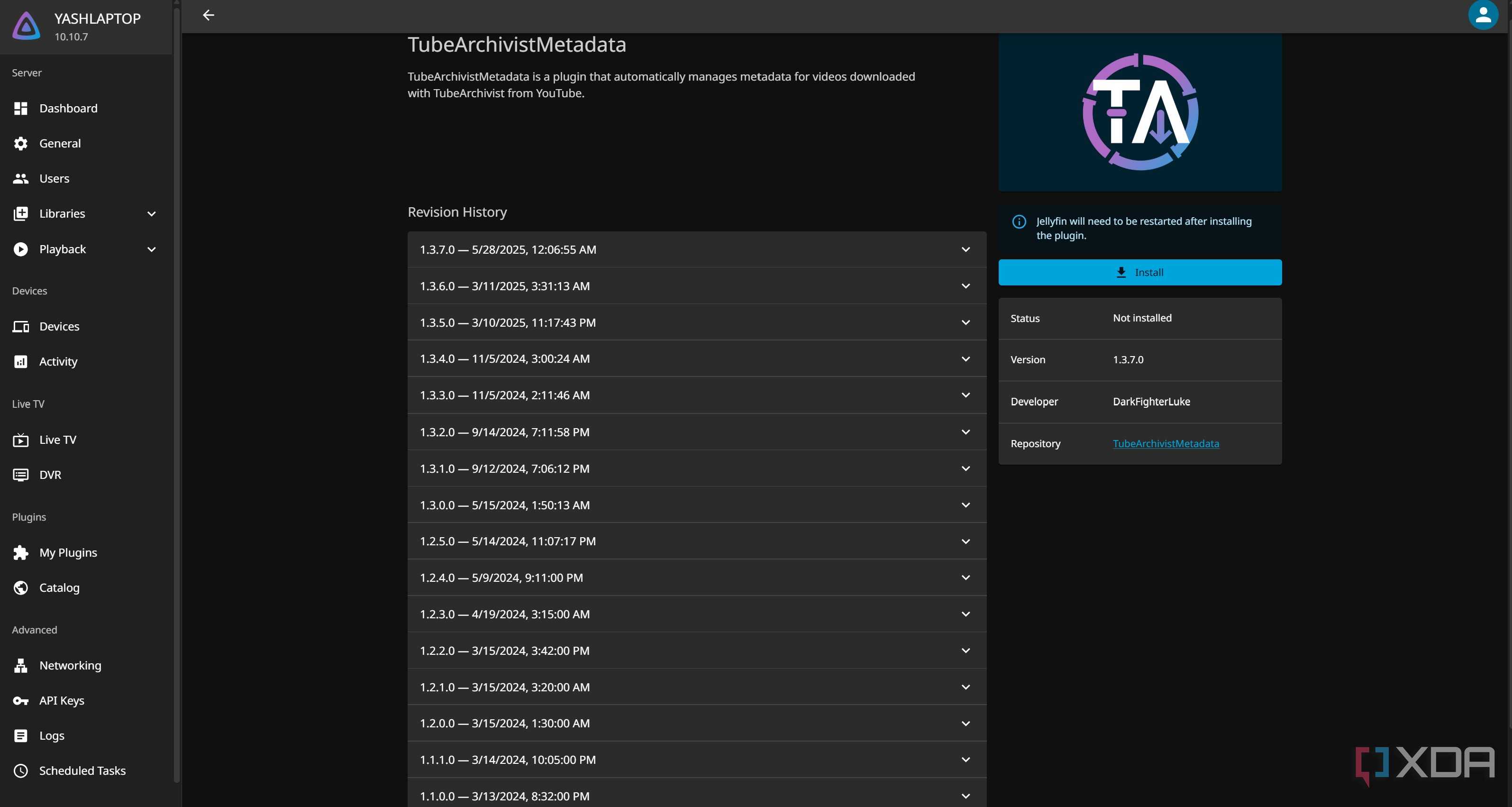 Install TubeArchivist Metadata plugin in Jellyfin