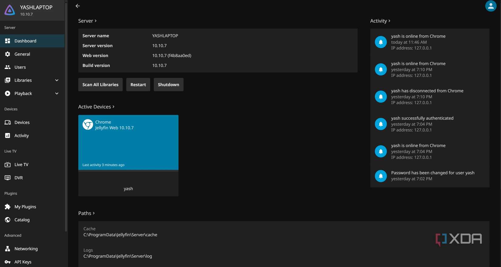 Jellyfin dashboard which is installed in the local docker setup on Windows11