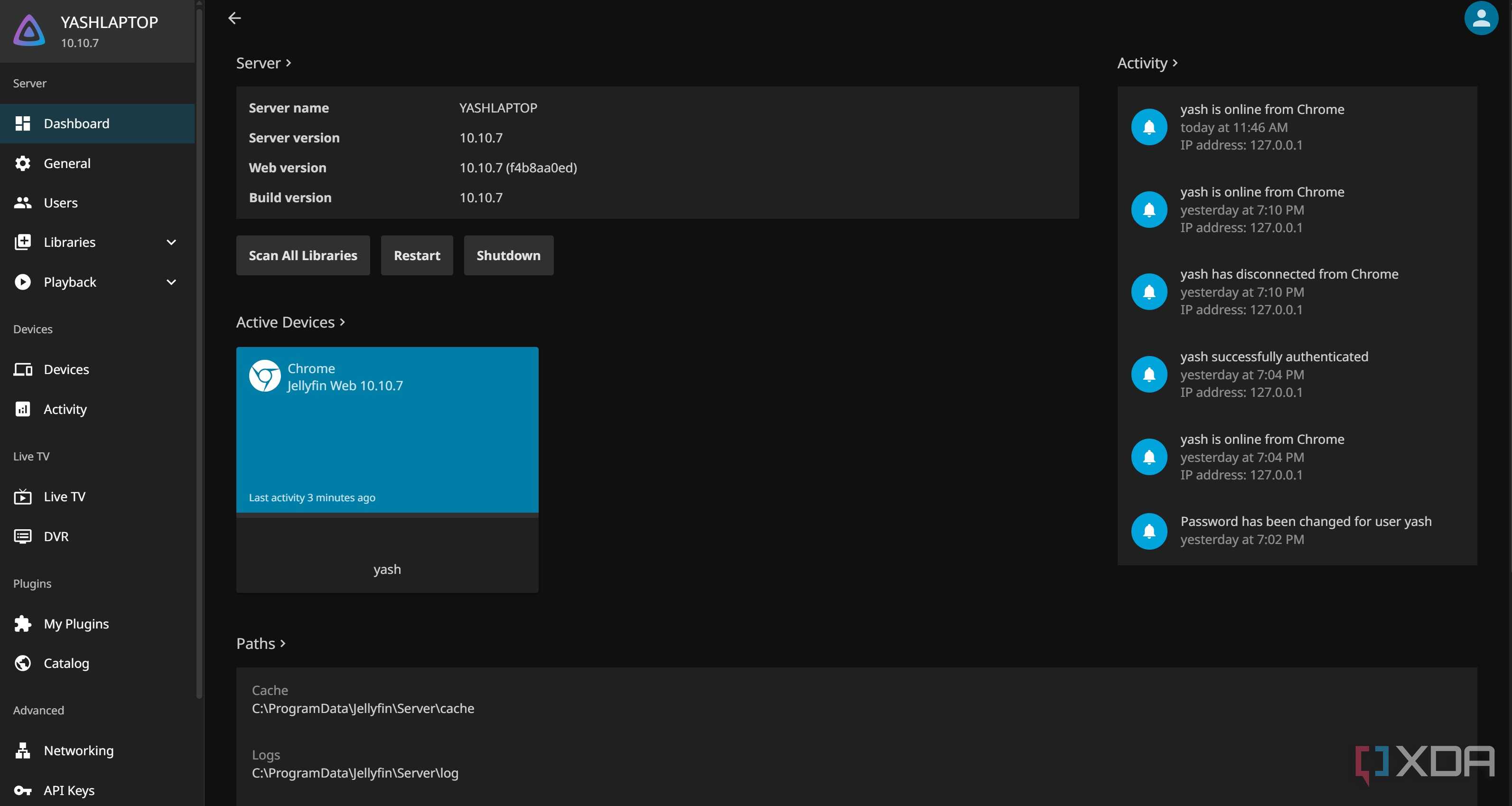 Jellyfin dashboard which is installed in the local docker setup on Windows11
