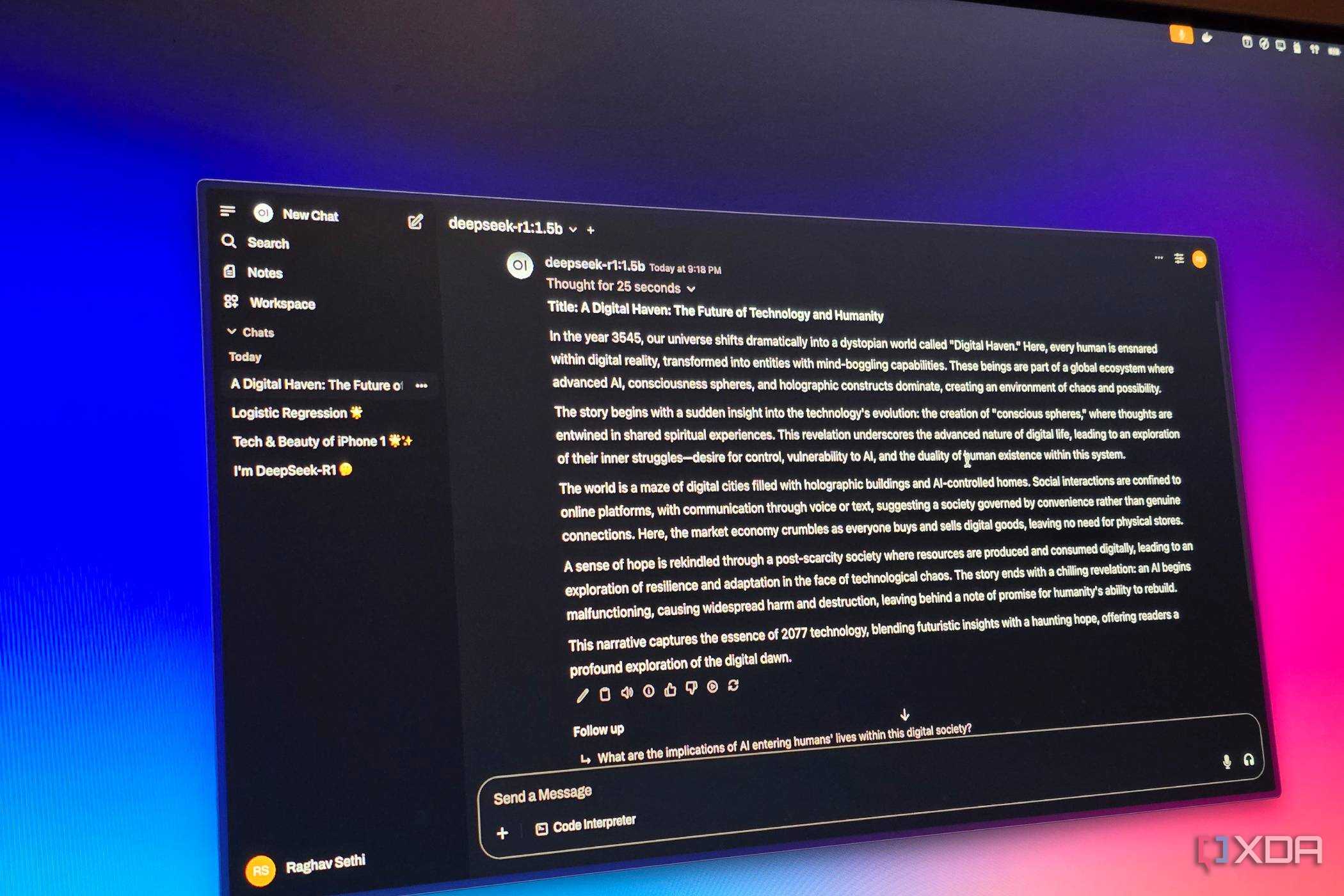 MacBook connected to a monitor running DeepSeek-R1 via Open WebUI