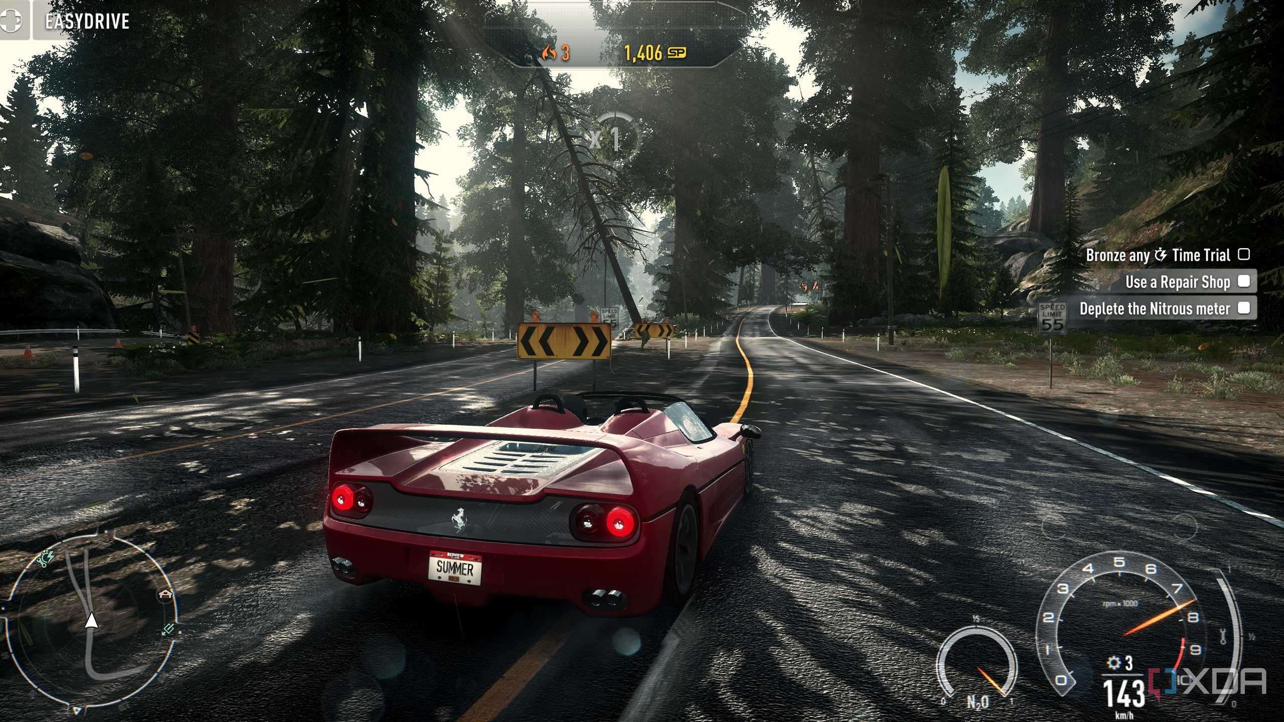 A sideways shot of a Ferrari F50 in NFS Rivals.