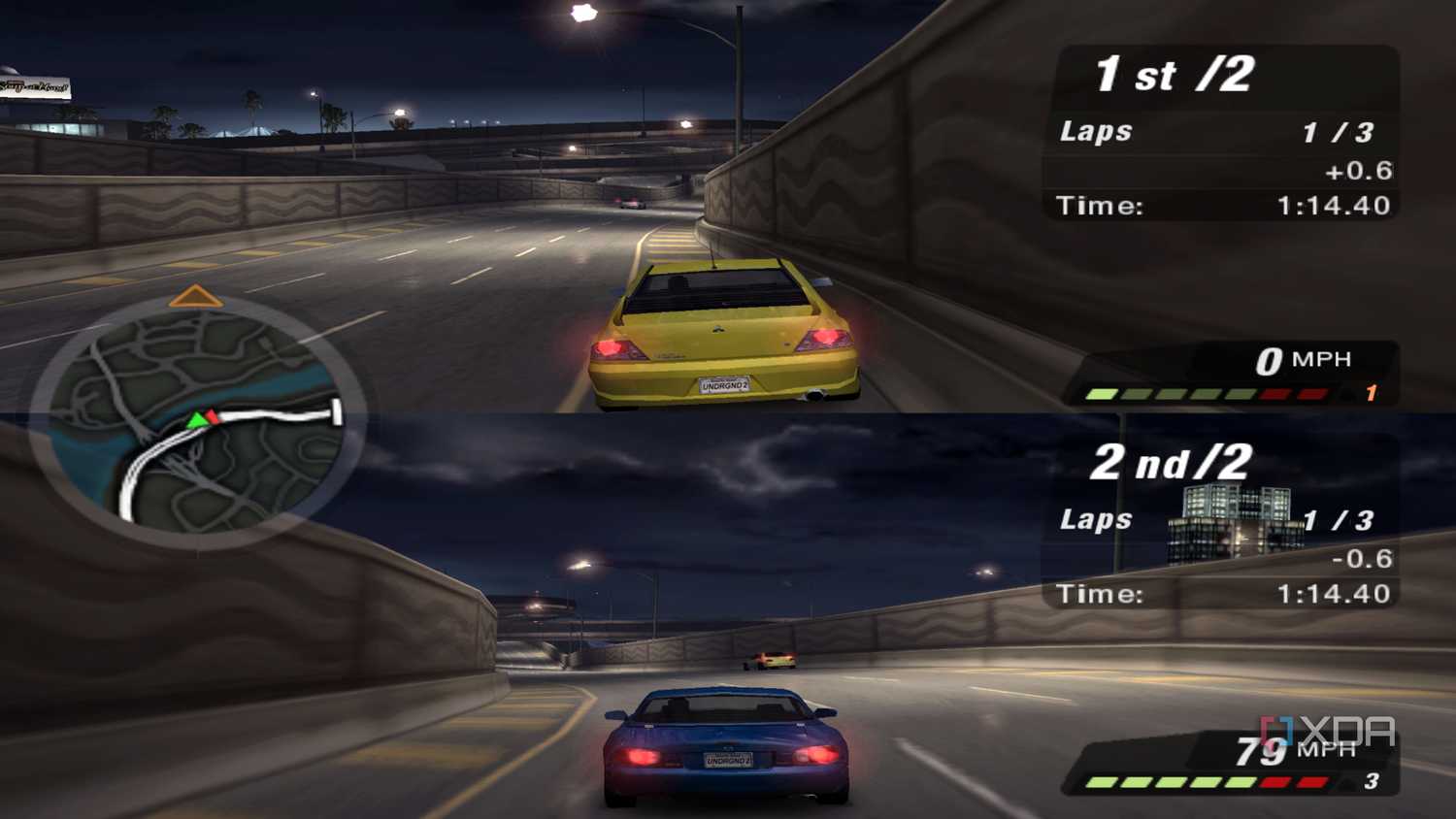 Split-screen circuit race in NFS: Underground 2.