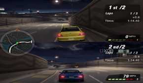 Split-screen circuit race in NFS: Underground 2.
