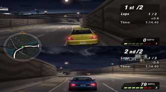 Split-screen circuit race in NFS: Underground 2.
