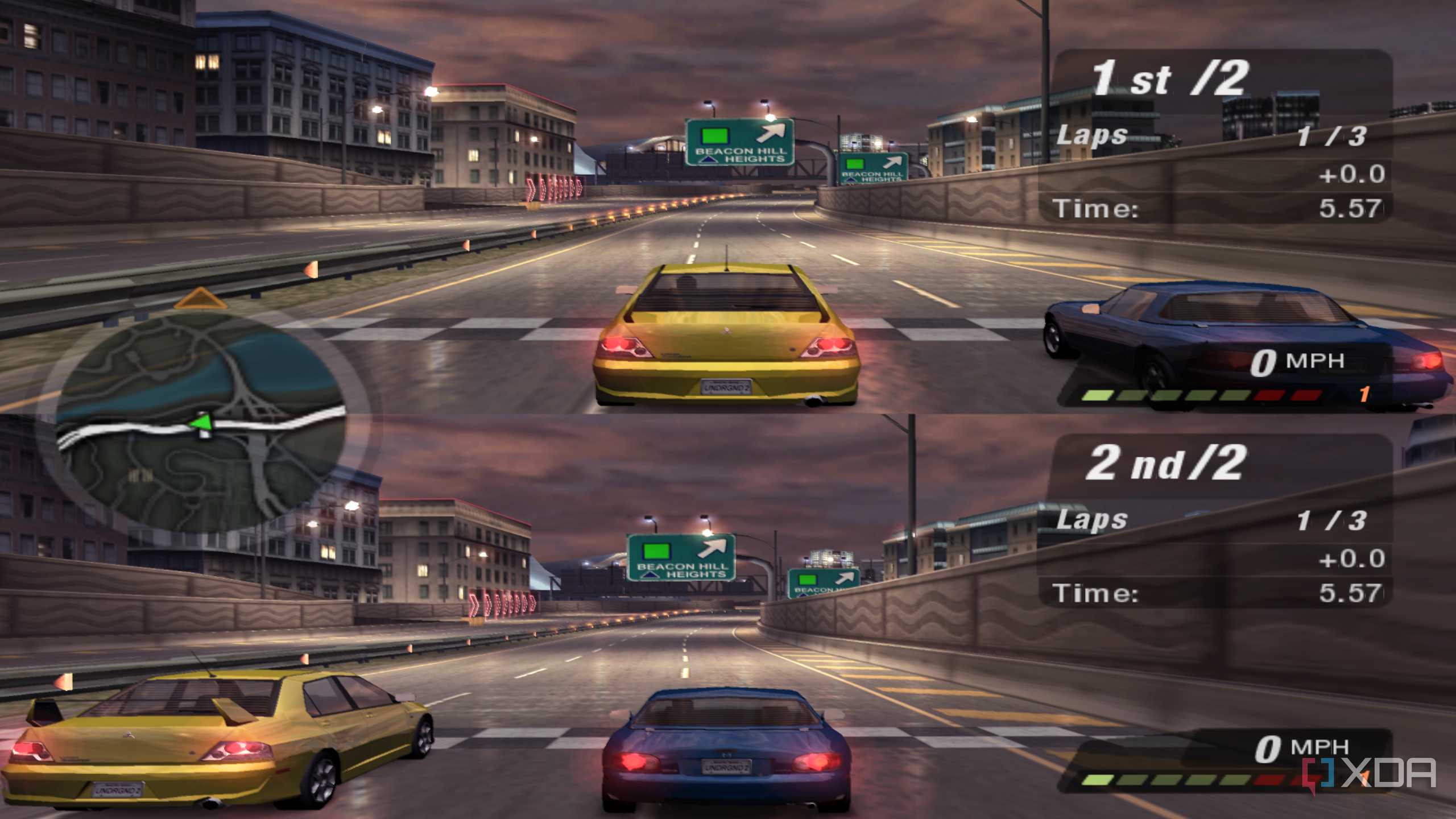 Split-screen sprint racing in NFS: Underground 2.