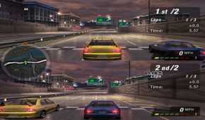 Split-screen sprint racing in NFS: Underground 2.
