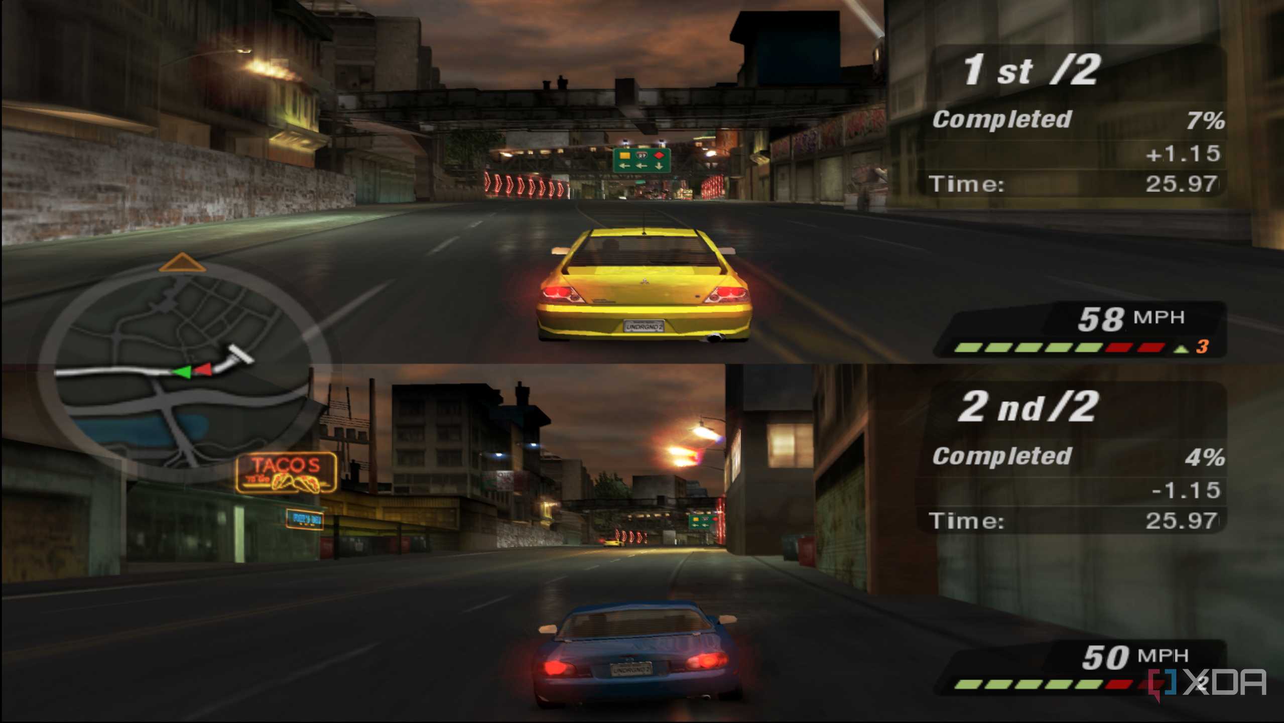 Split-screen sprint racing in NFS: Underground 2.