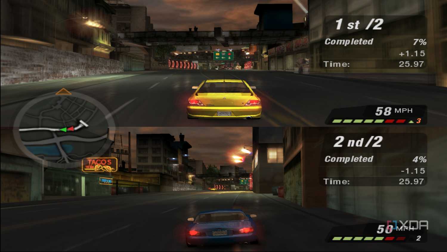 Split-screen sprint racing in NFS: Underground 2.