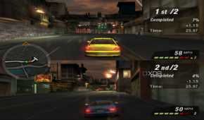 Split-screen sprint racing in NFS: Underground 2.