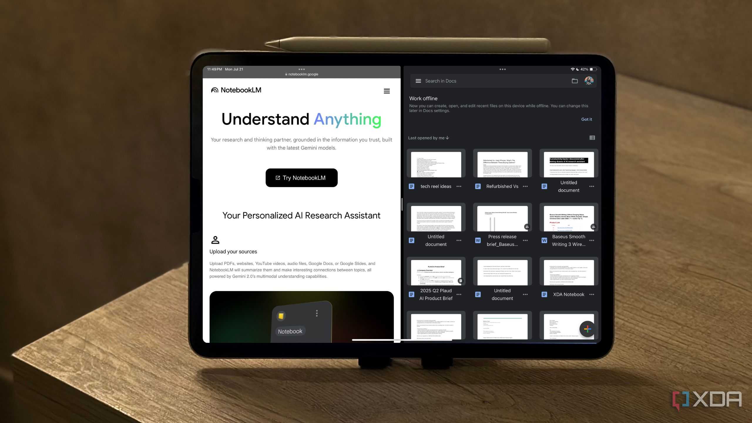 NotebookLM and Google Docs open side by side on iPad-2