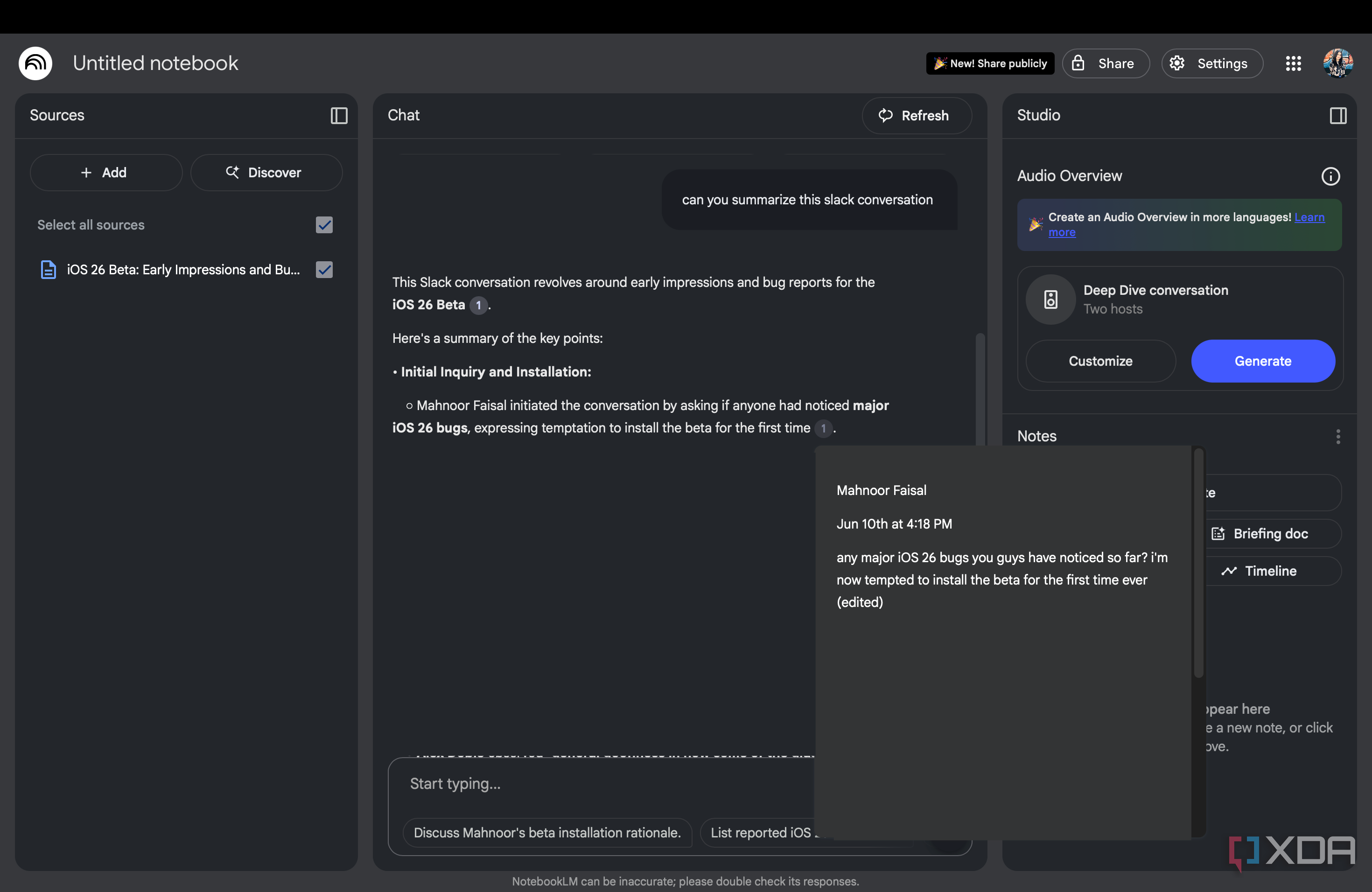 NotebookLM citation about a slack conversation
