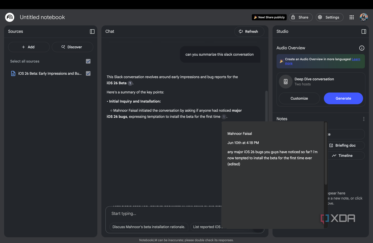 NotebookLM citation about a slack conversation