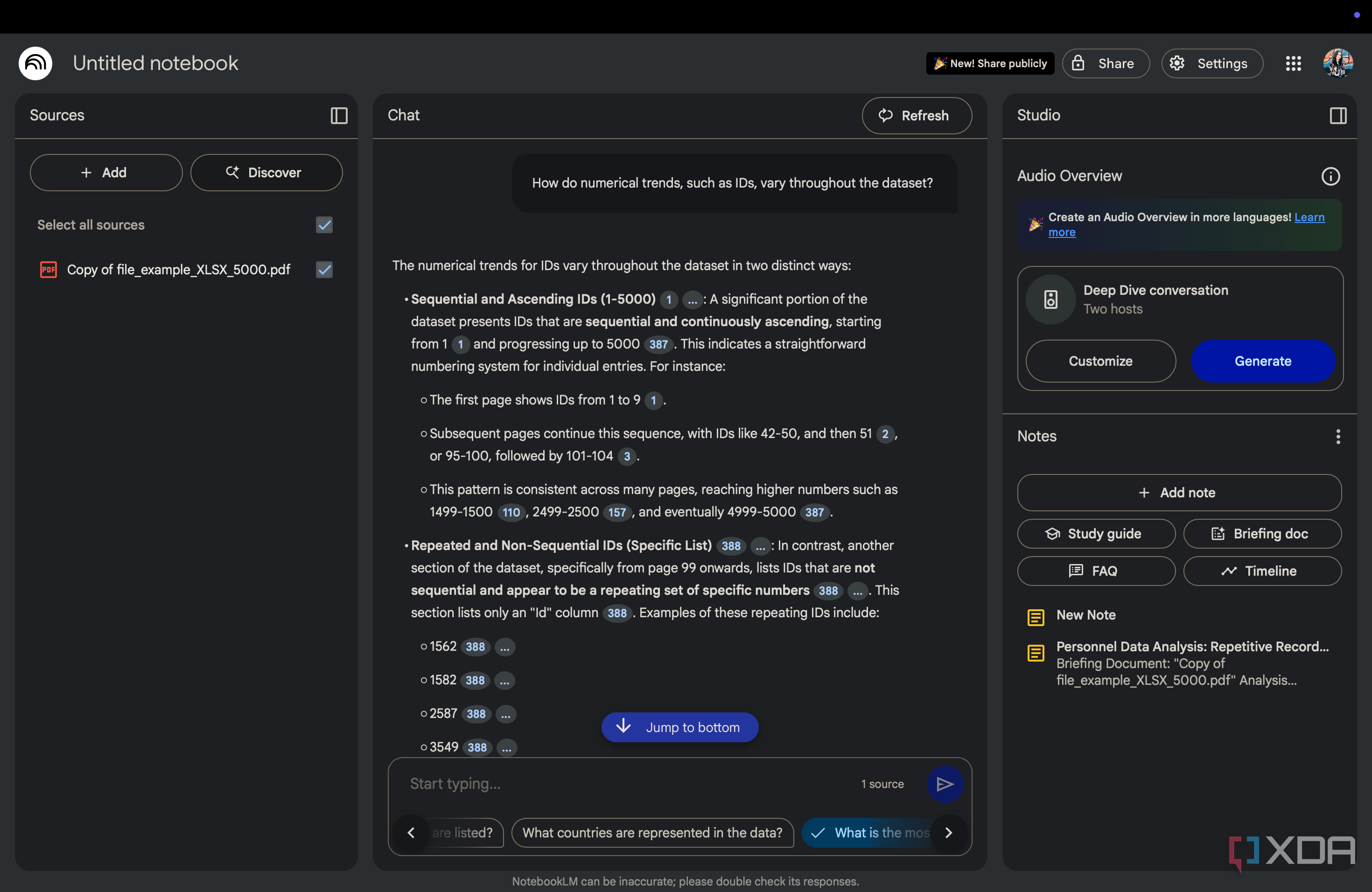 NotebookLM displaying numerical trends