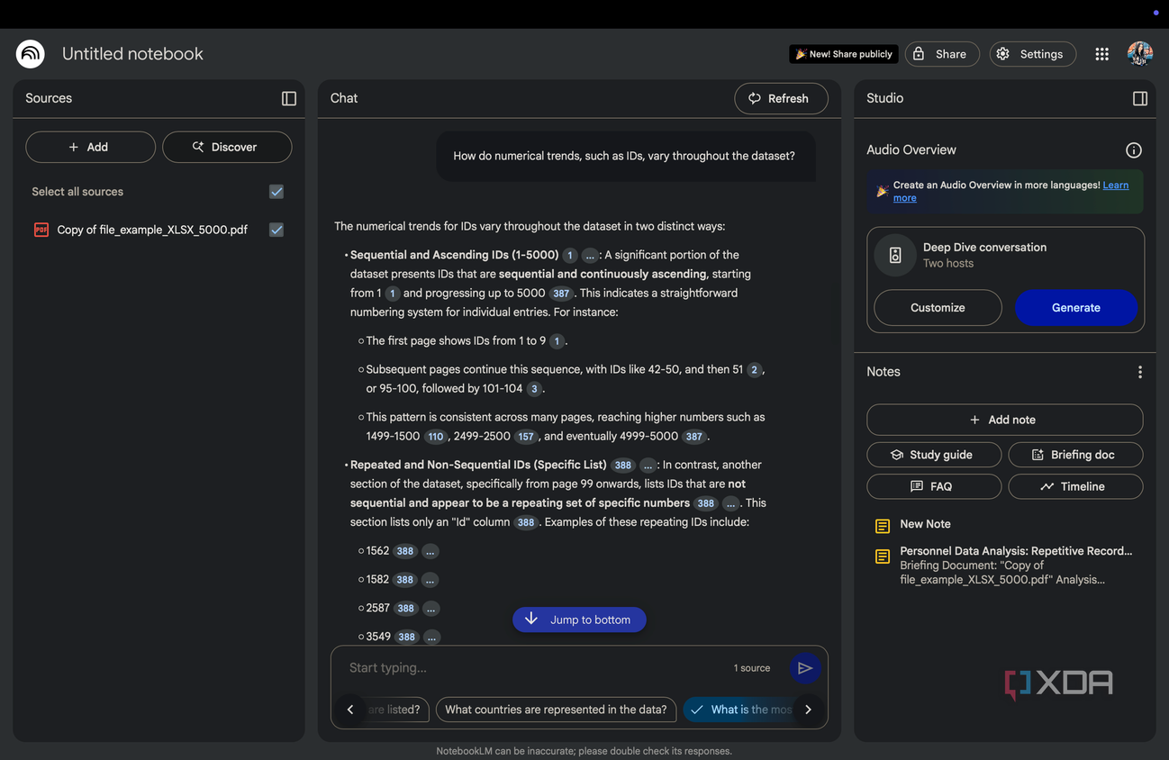 NotebookLM displaying numerical trends