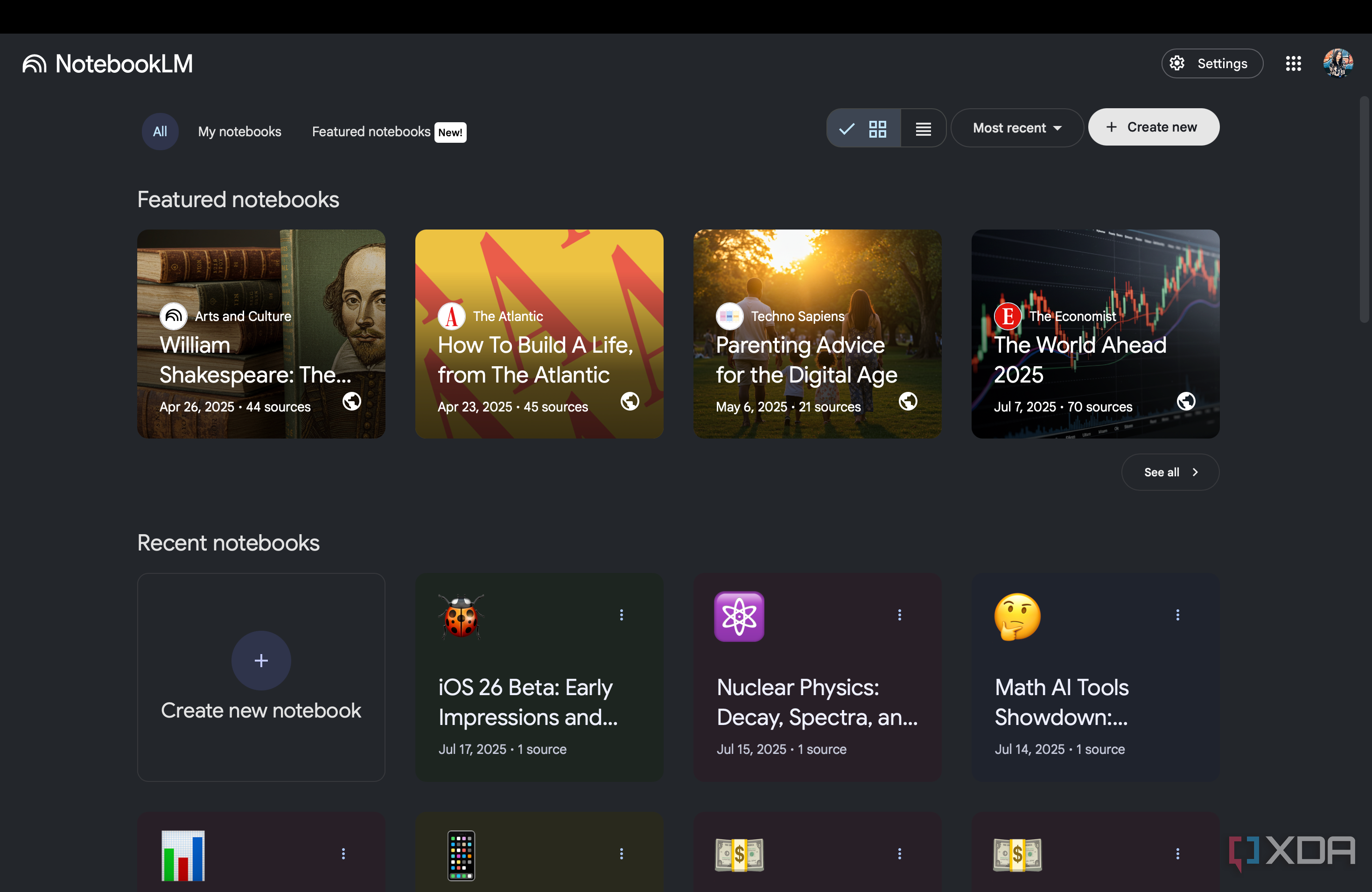 NotebookLM home page displaying recent notebooks and featured notebooks