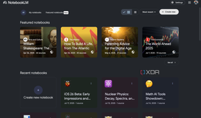 NotebookLM home page displaying recent notebooks and featured notebooks