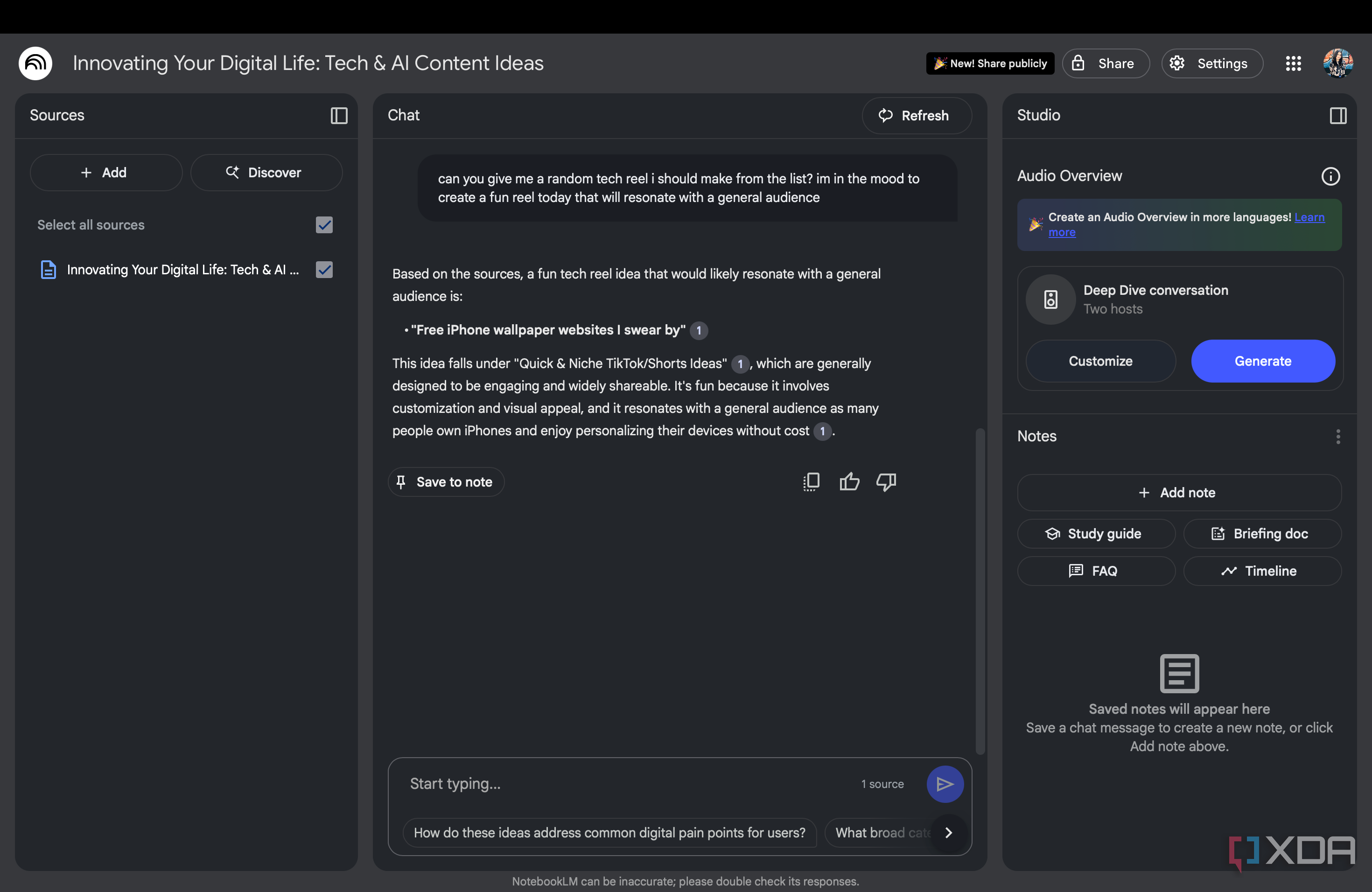 NotebookLM interface displaying a fun tech reel idea