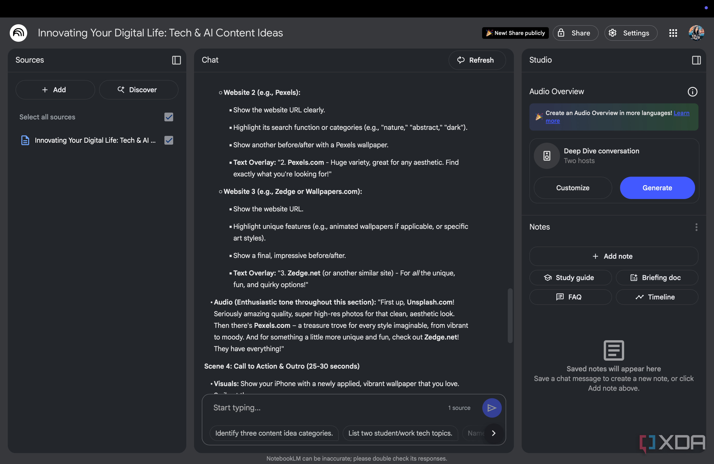 NotebookLM interface displaying a script of a tech reel
