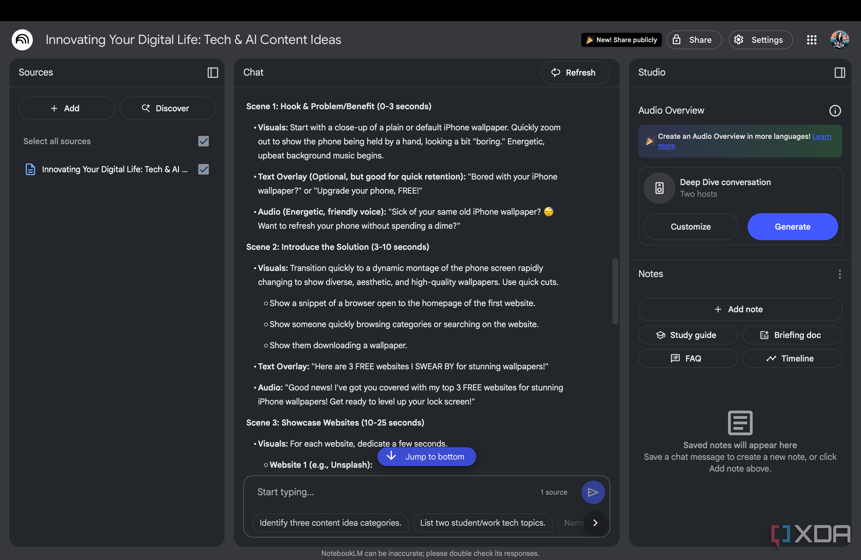 NotebookLM interface displaying a script of tech reel