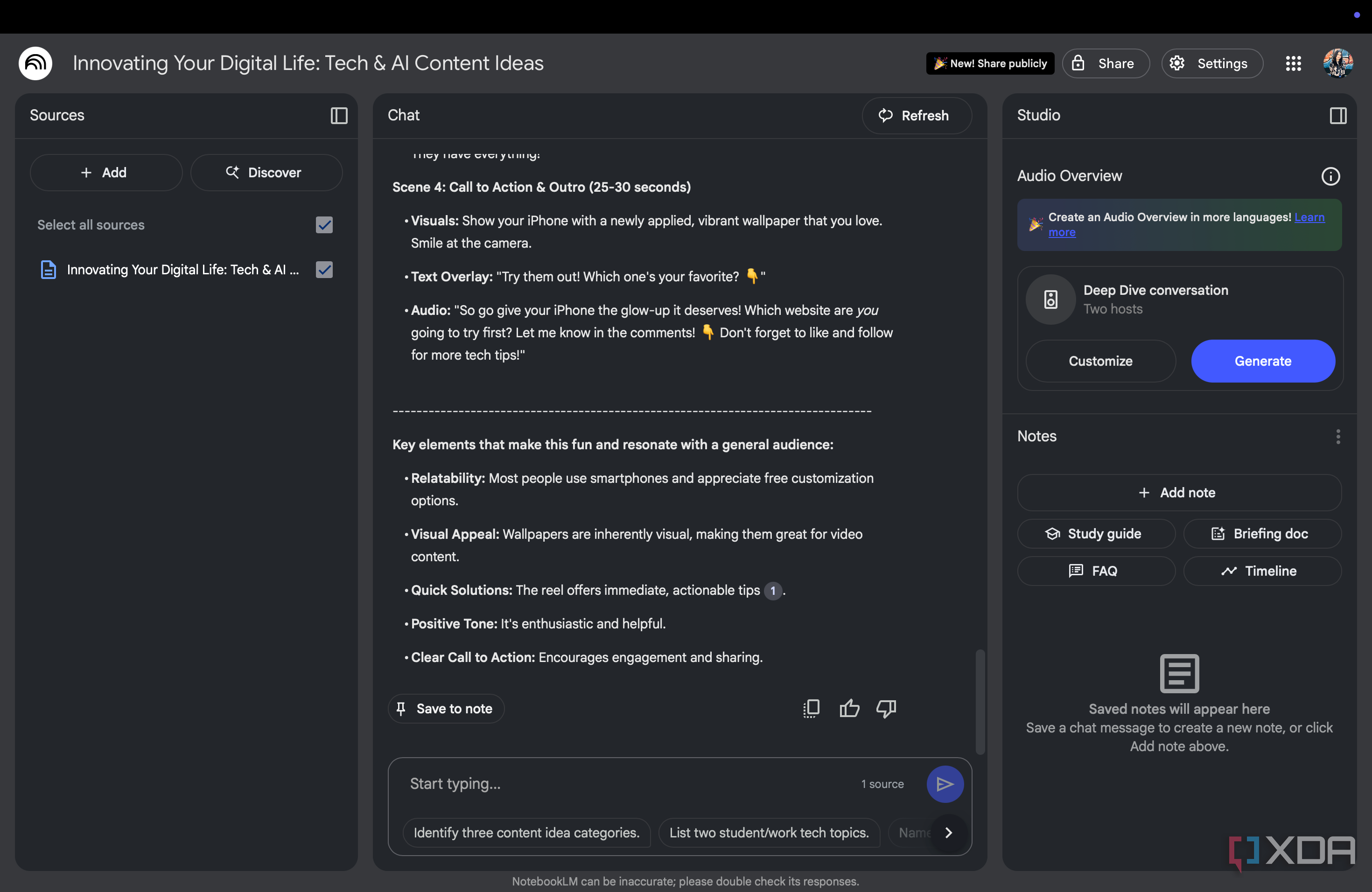 NotebookLM interface displaying a script with key elements