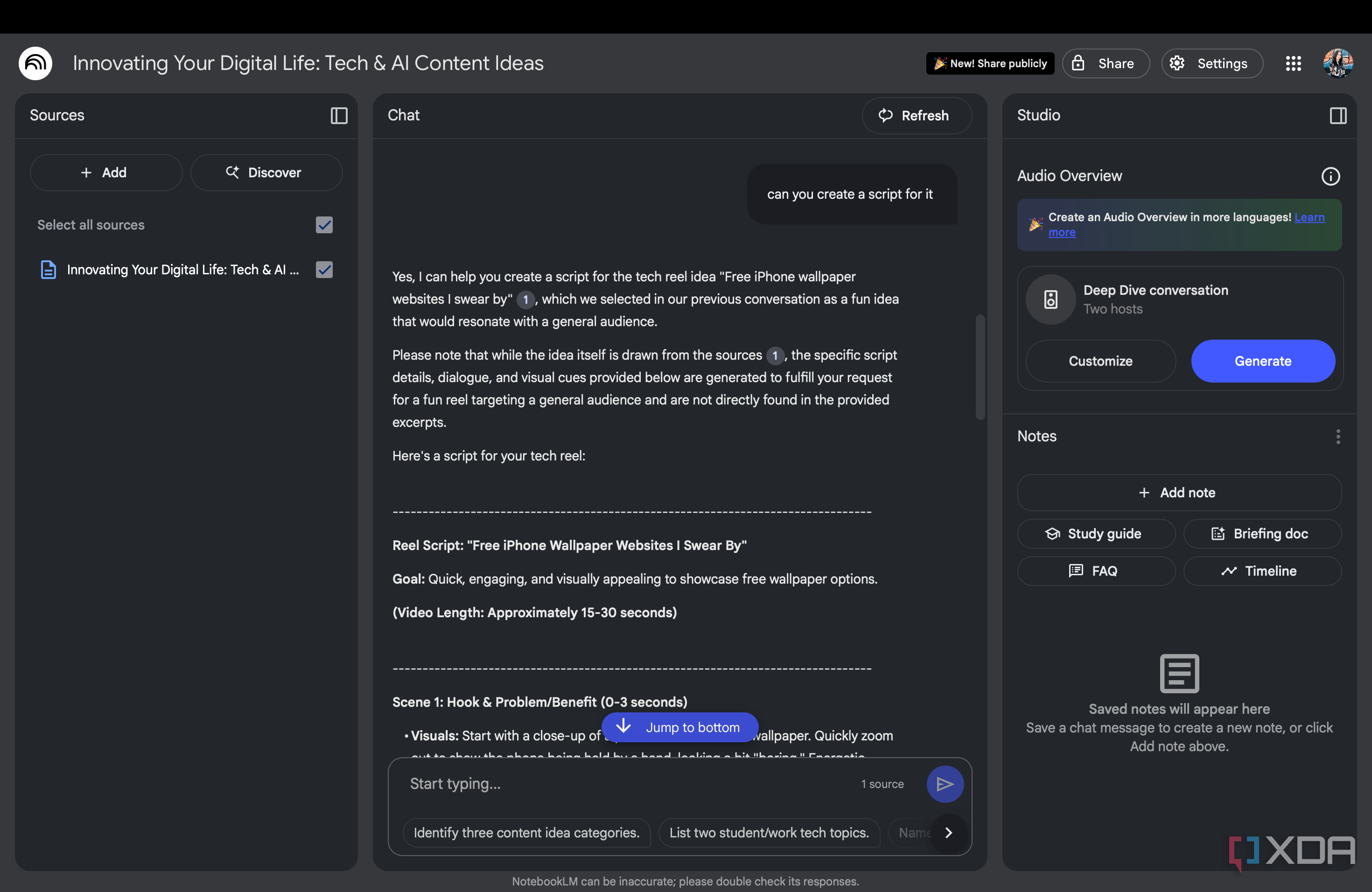 NotebookLM interface displaying a script