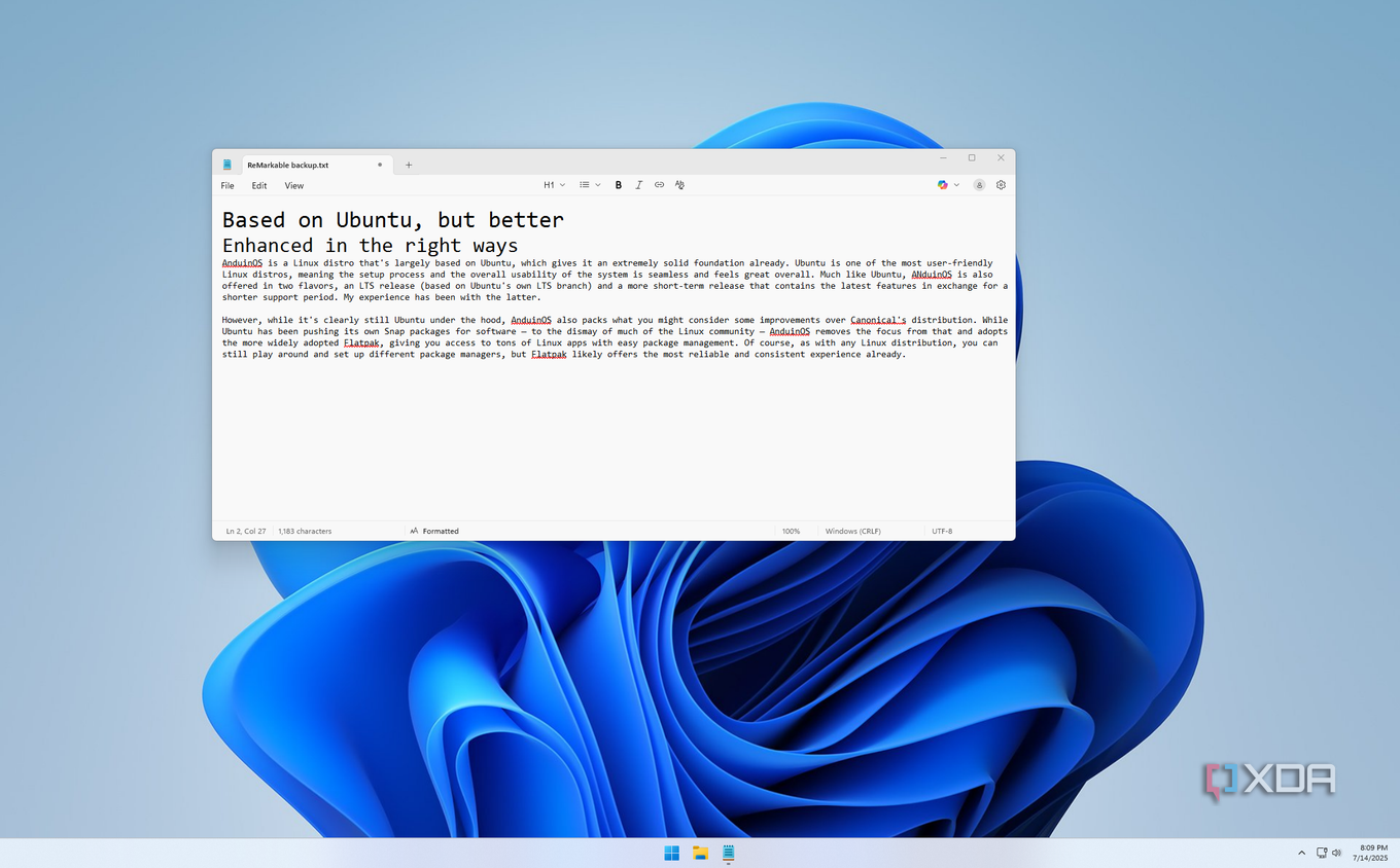 Screenshot of Notepad on Windows 11 showing text formatting