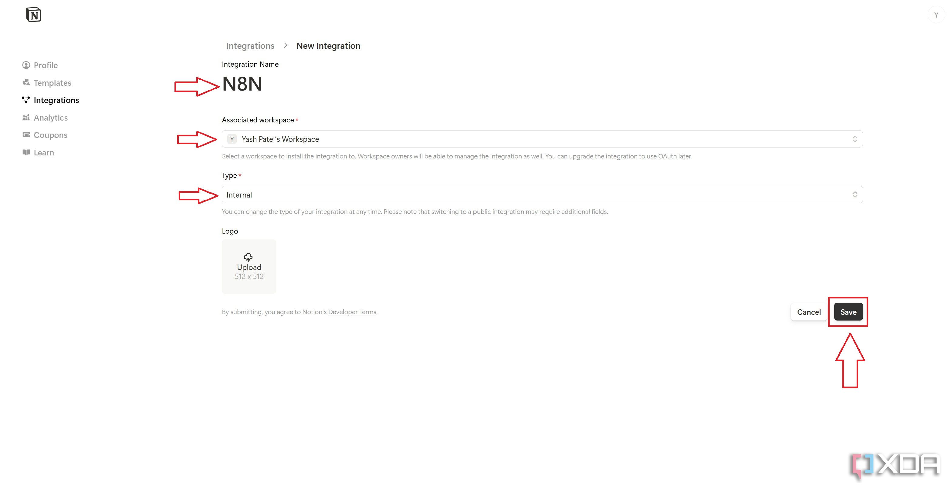 Add integration in Notion and fill details