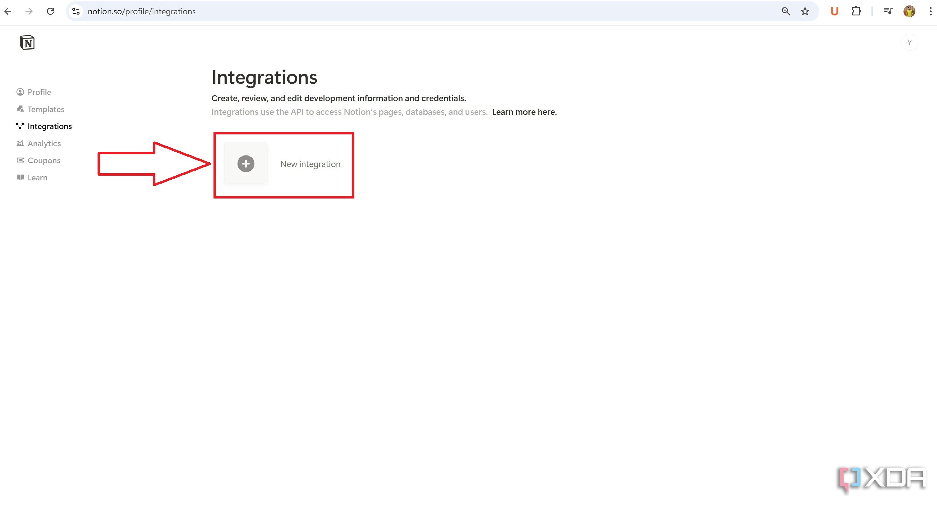 Add new integration in Notion profile