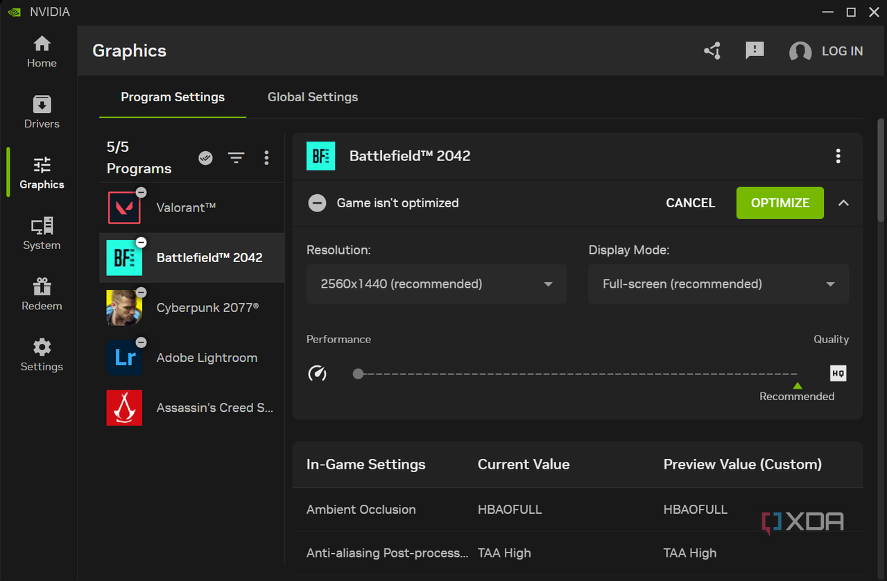 Nvidia app per game optimization