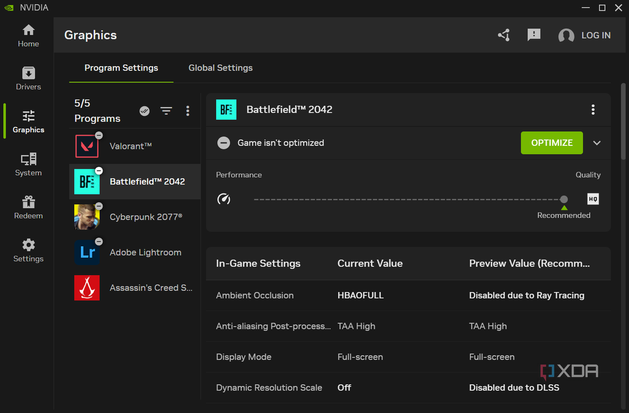 Nvidia app per game optimization