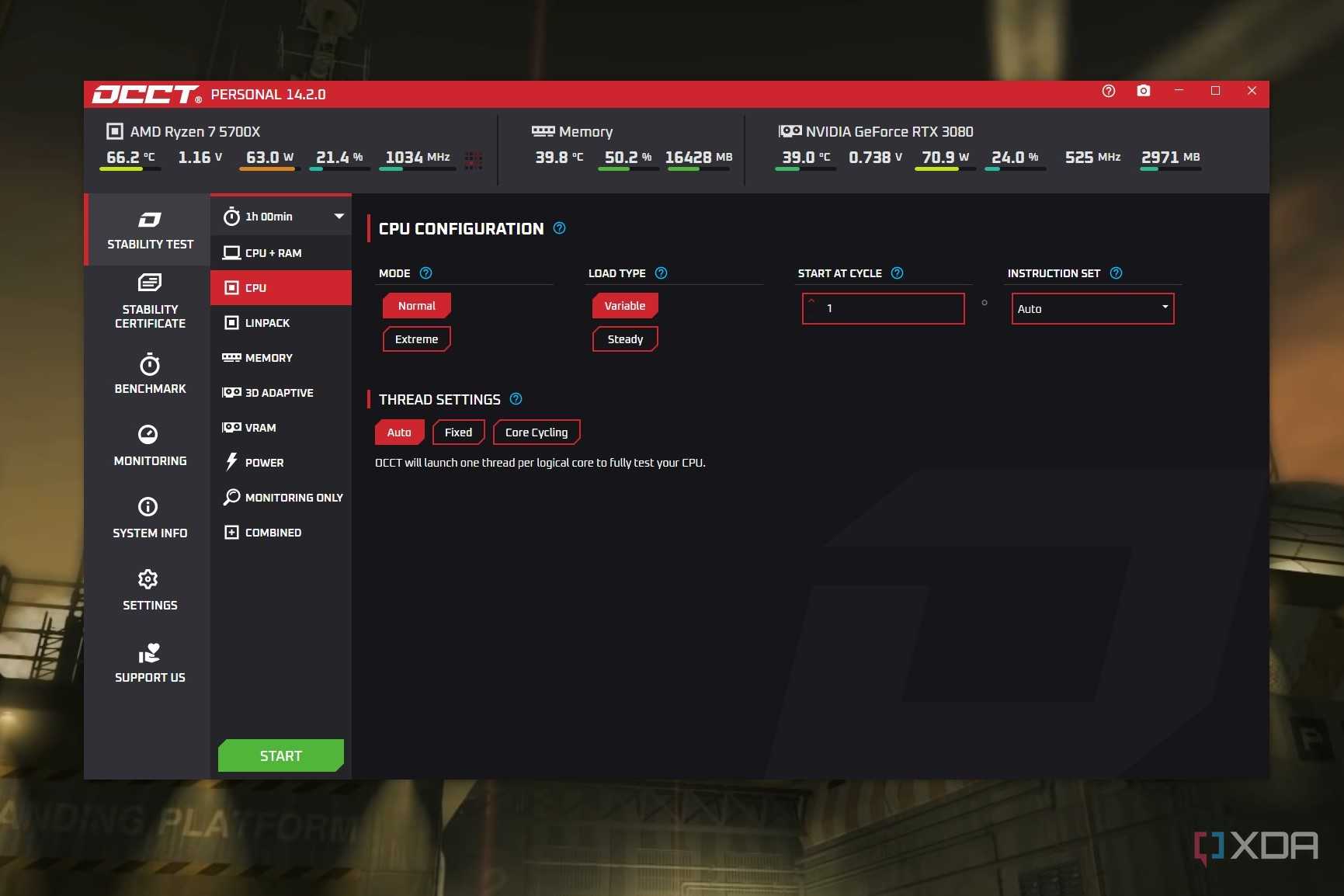 Screenshot of OCCT running on Windows desktop