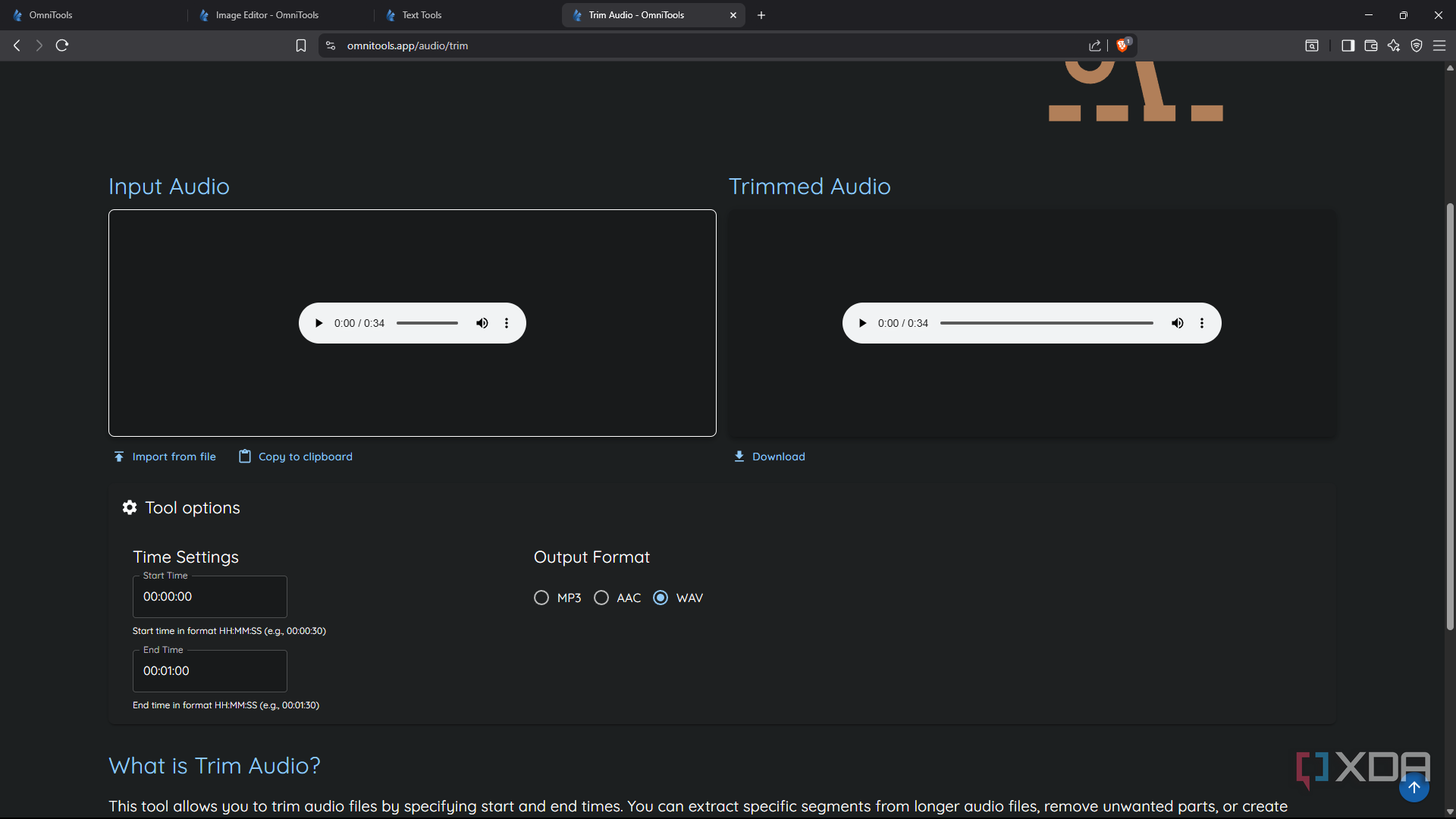 OmniTools Audio tool, trimming audio clip