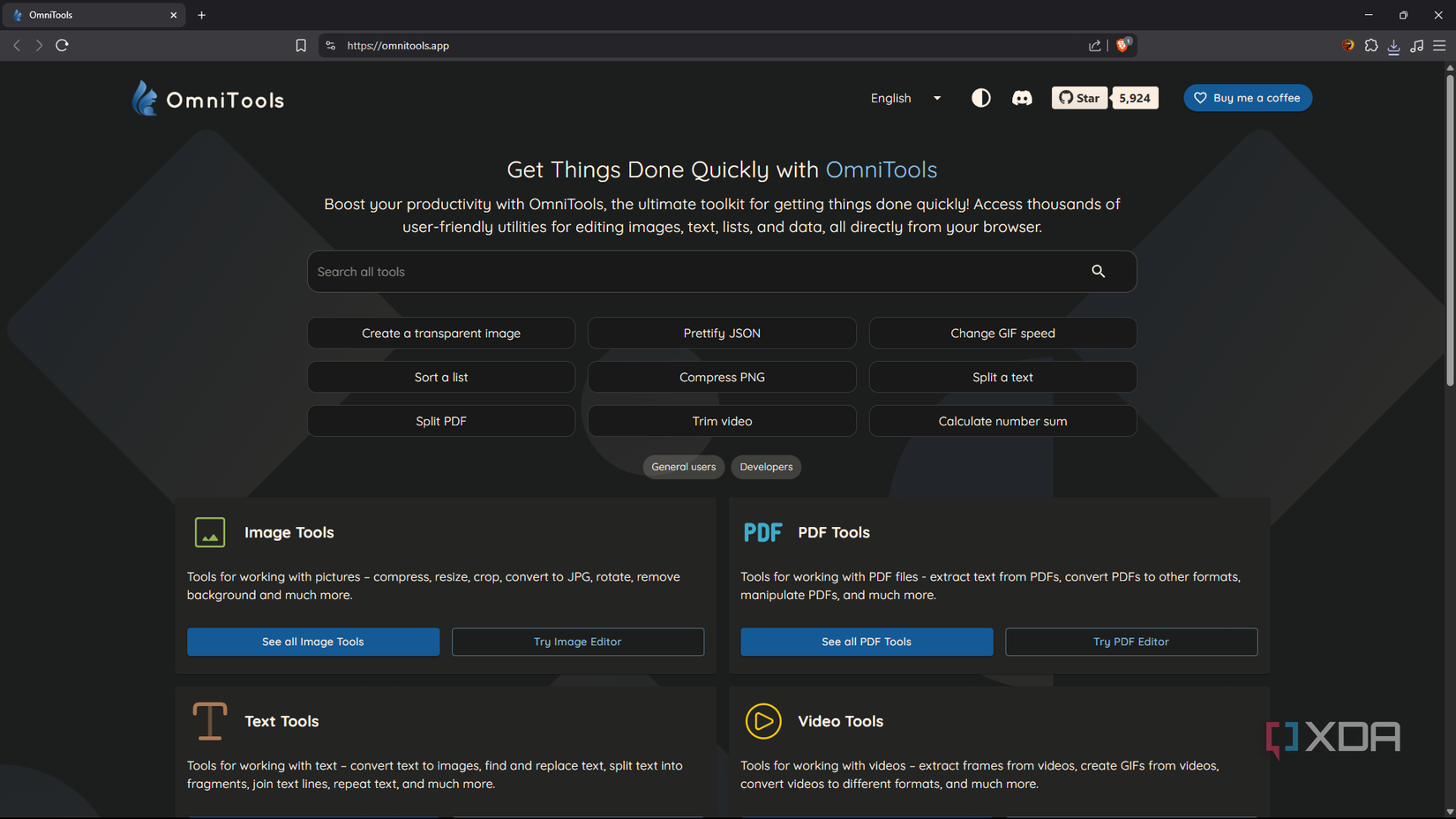 OmniTools home page showing various media editing tools
