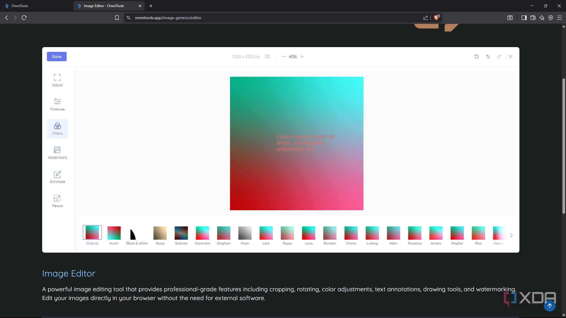 OmniTools image editor, adding customized text