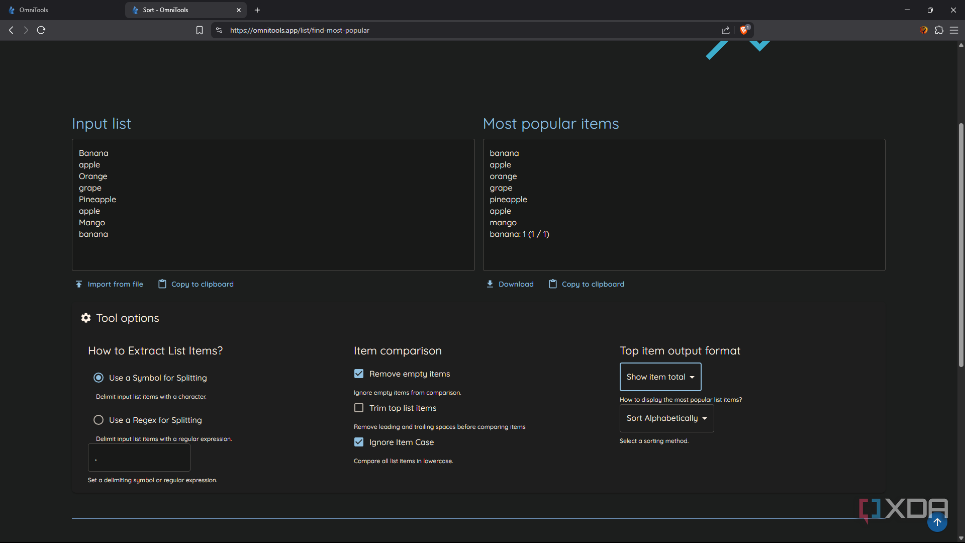 OmniTools Lists tool, sorting through list items
