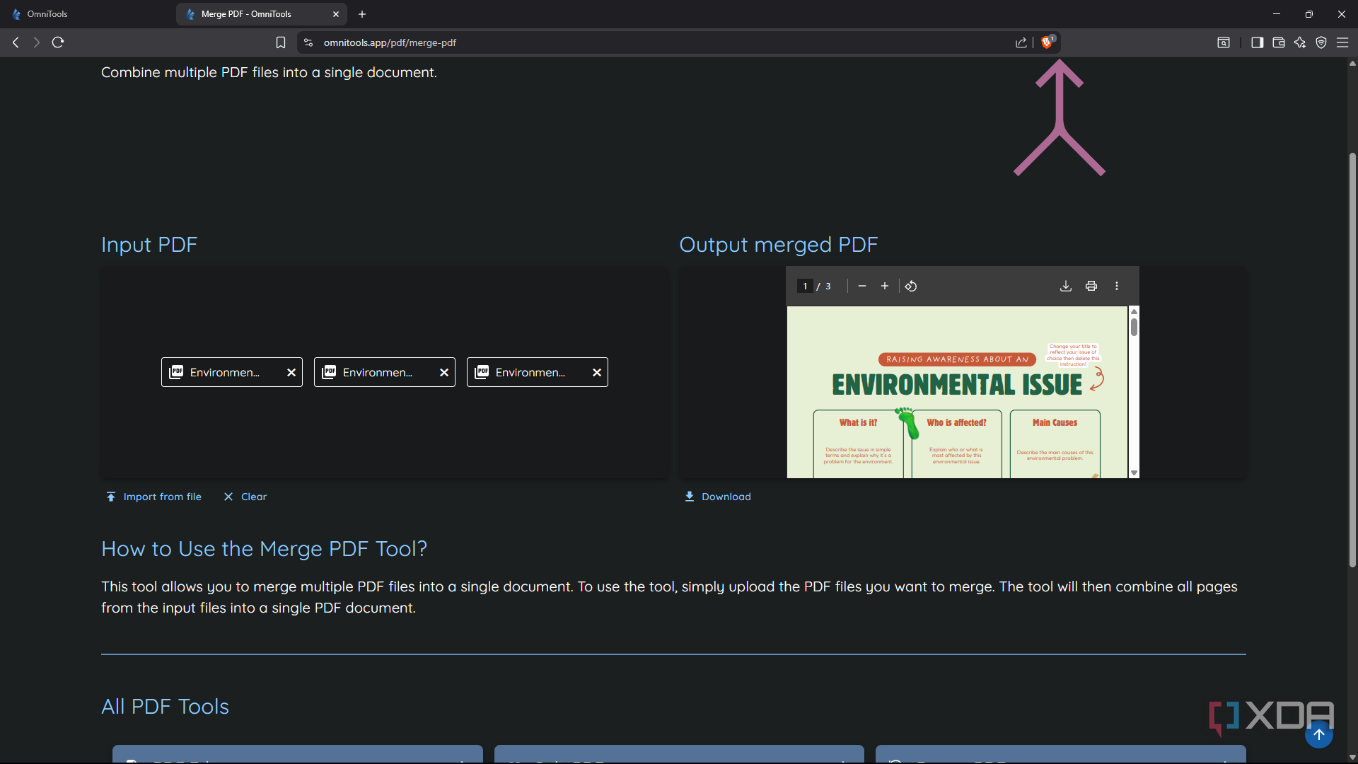 OmniTools Merge importing PDF files to merge