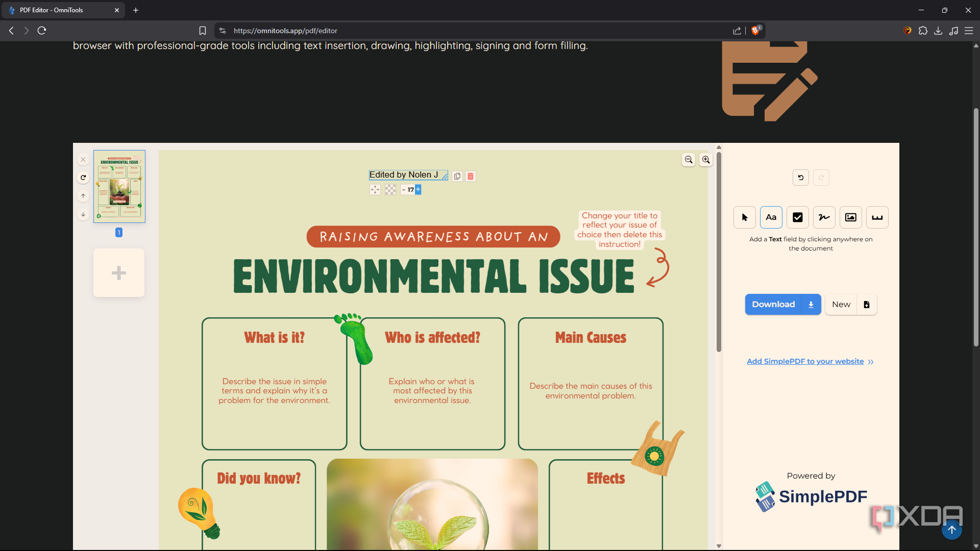 OmniTools PDF editor, adding text
