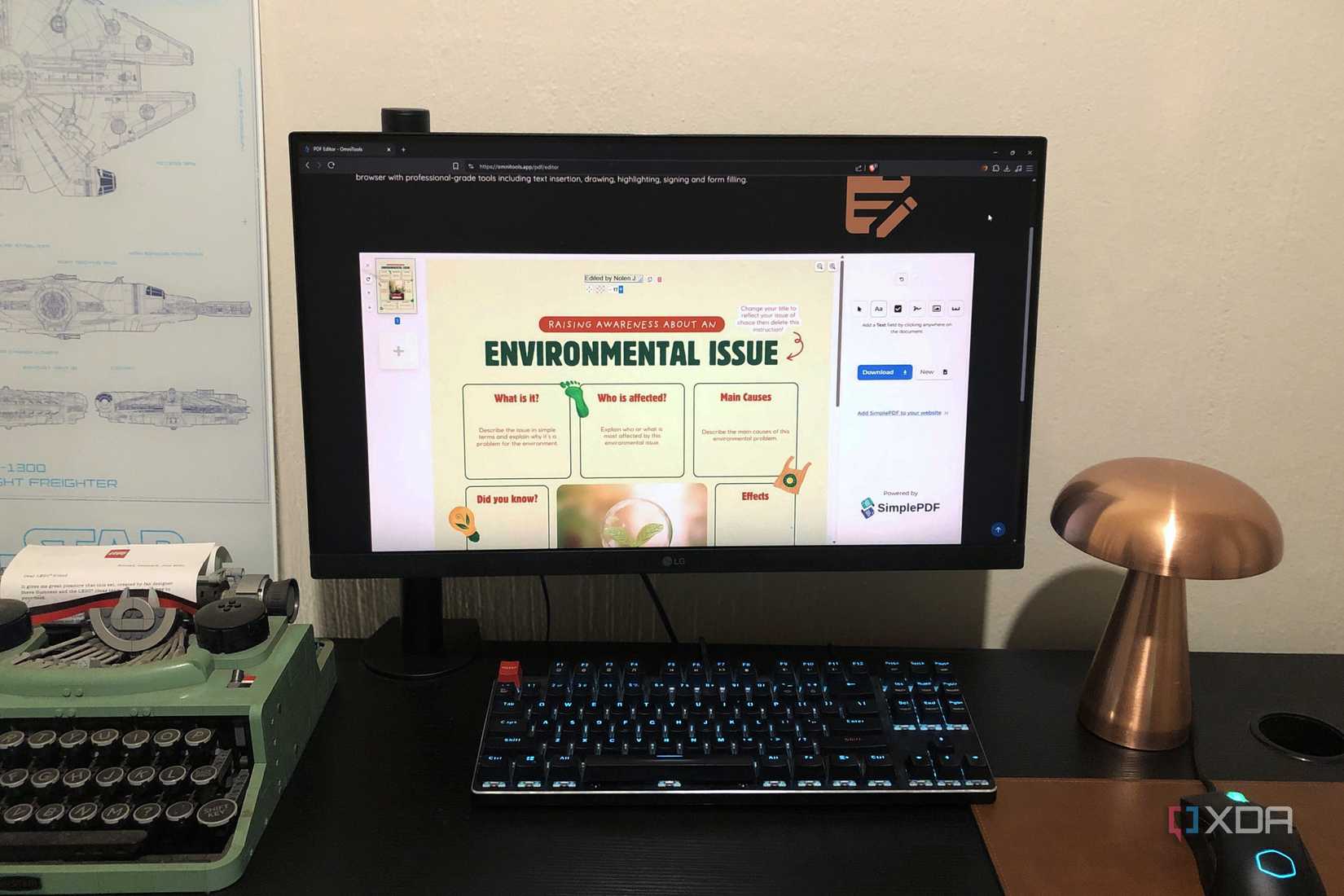 OmniTools PDF editor displayed on desktop pc, with lego and lamp in view