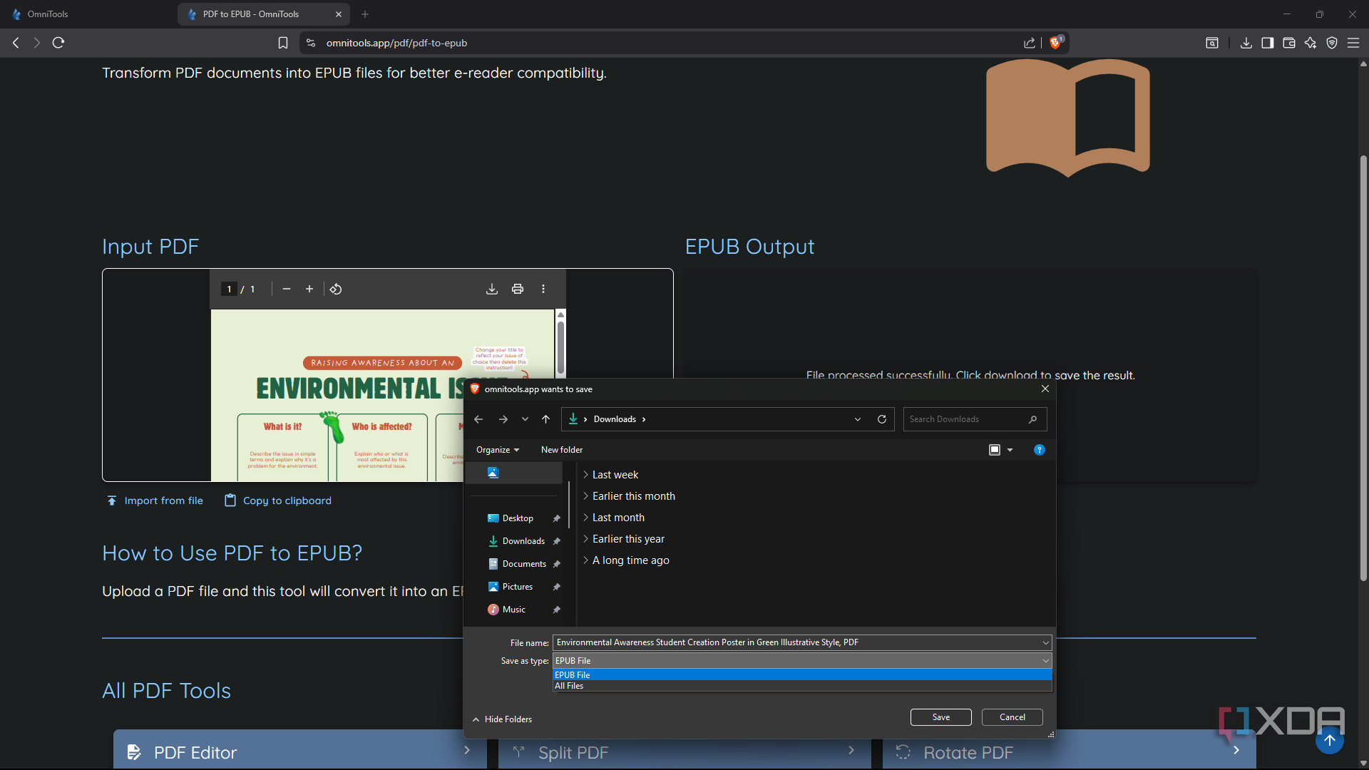OmniTools PDF-to-EPUB converter exporting file