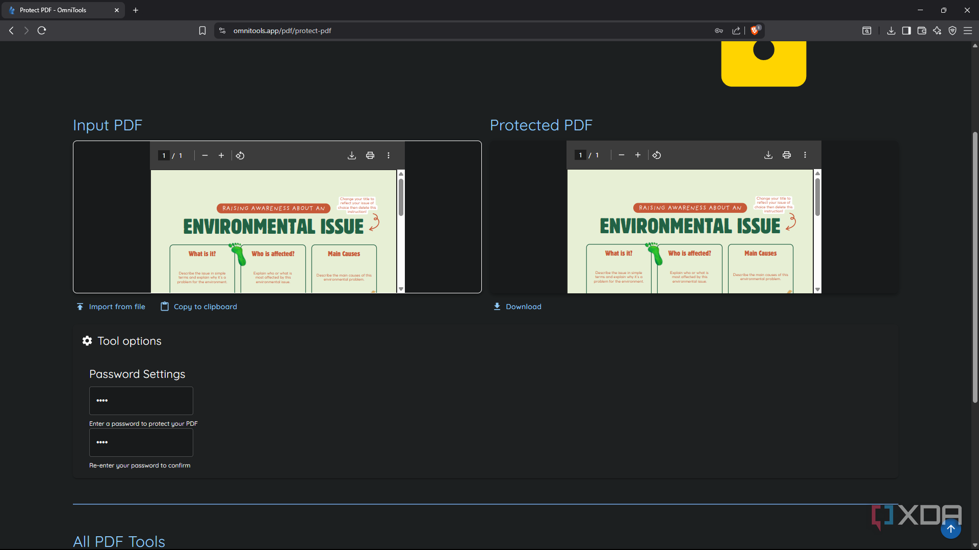 OmniTools Protect PDF sumbitting password